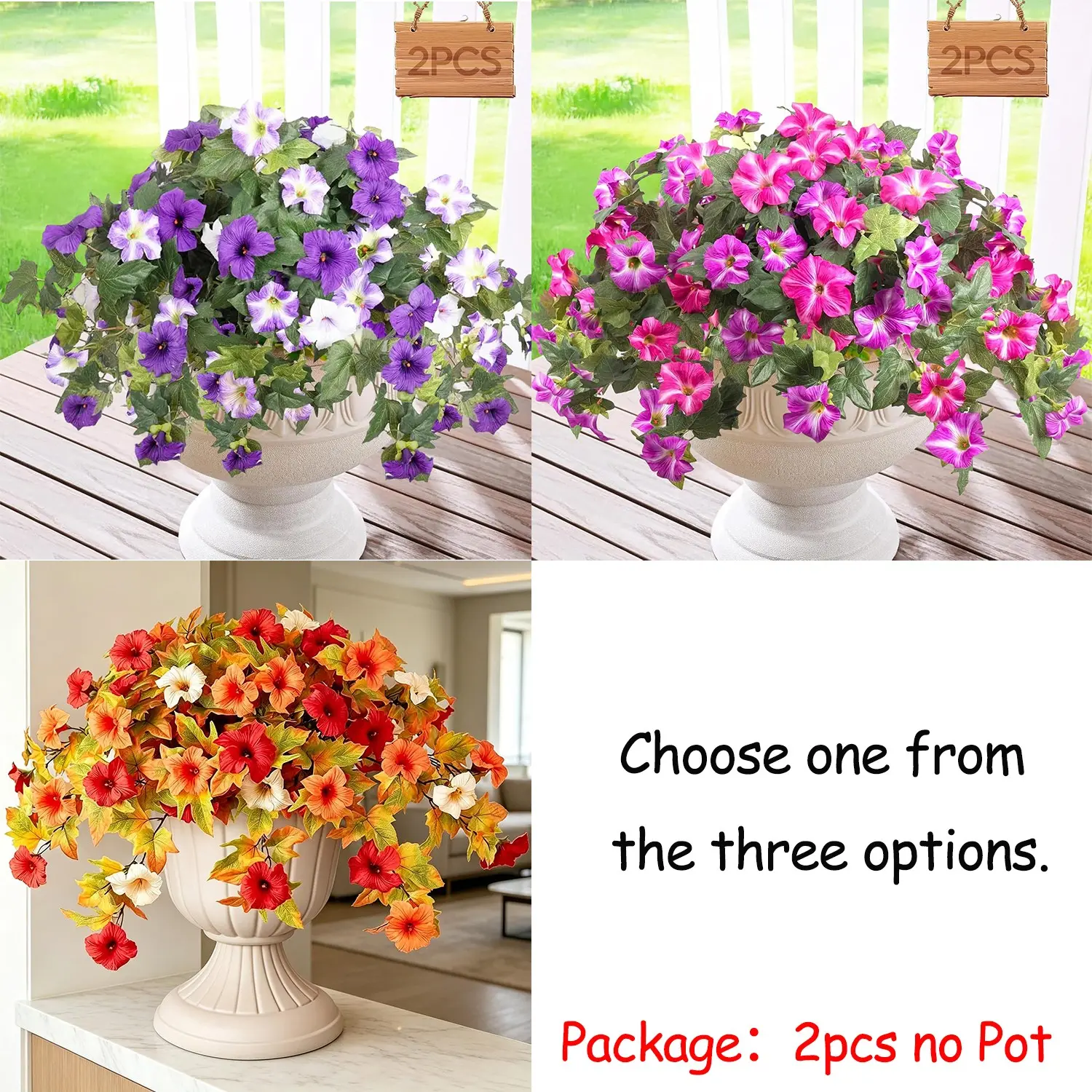 Artificial Fake Flowers Plants for Spring Winter Summer Fall Decoration, Decorative Fake Flower, 2 Pcs No Fade Faux Petunias,UV Resistant Realistic Silk Flowers,for Home Garden Balcony Yard Porch Deco, Artificial Flower Decorations