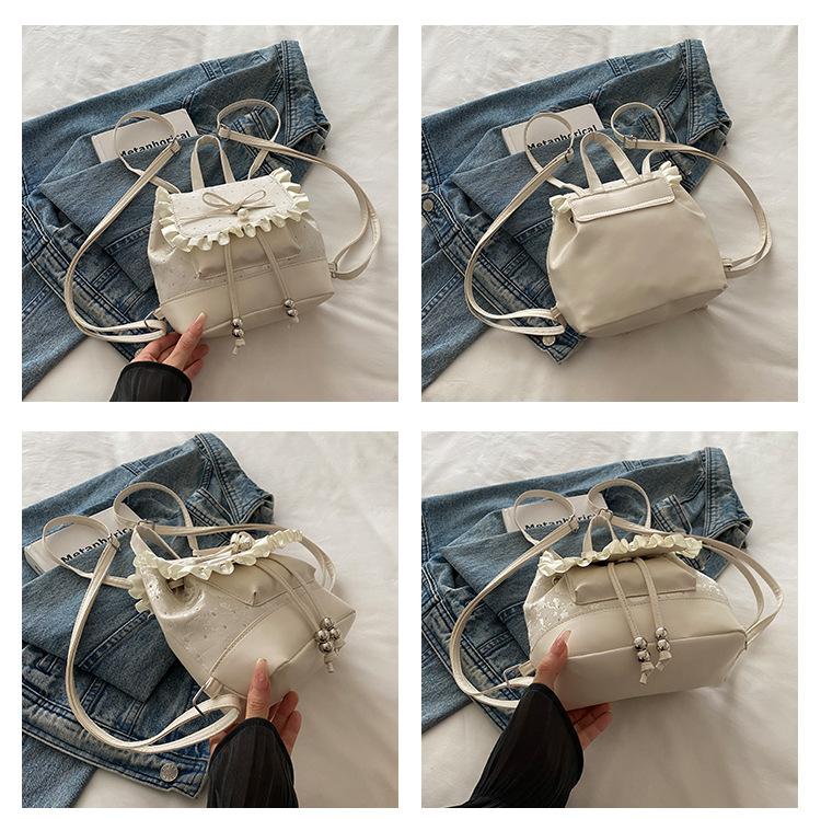 Polka Dot Lace Bow Mini Backpack for Women, Cute Coquette Y2K Bucket Bag, Lightweight Small Backpack with Adjustable Straps, Aesthetic School Travel Daily Outfit Bag for Girls & Teens