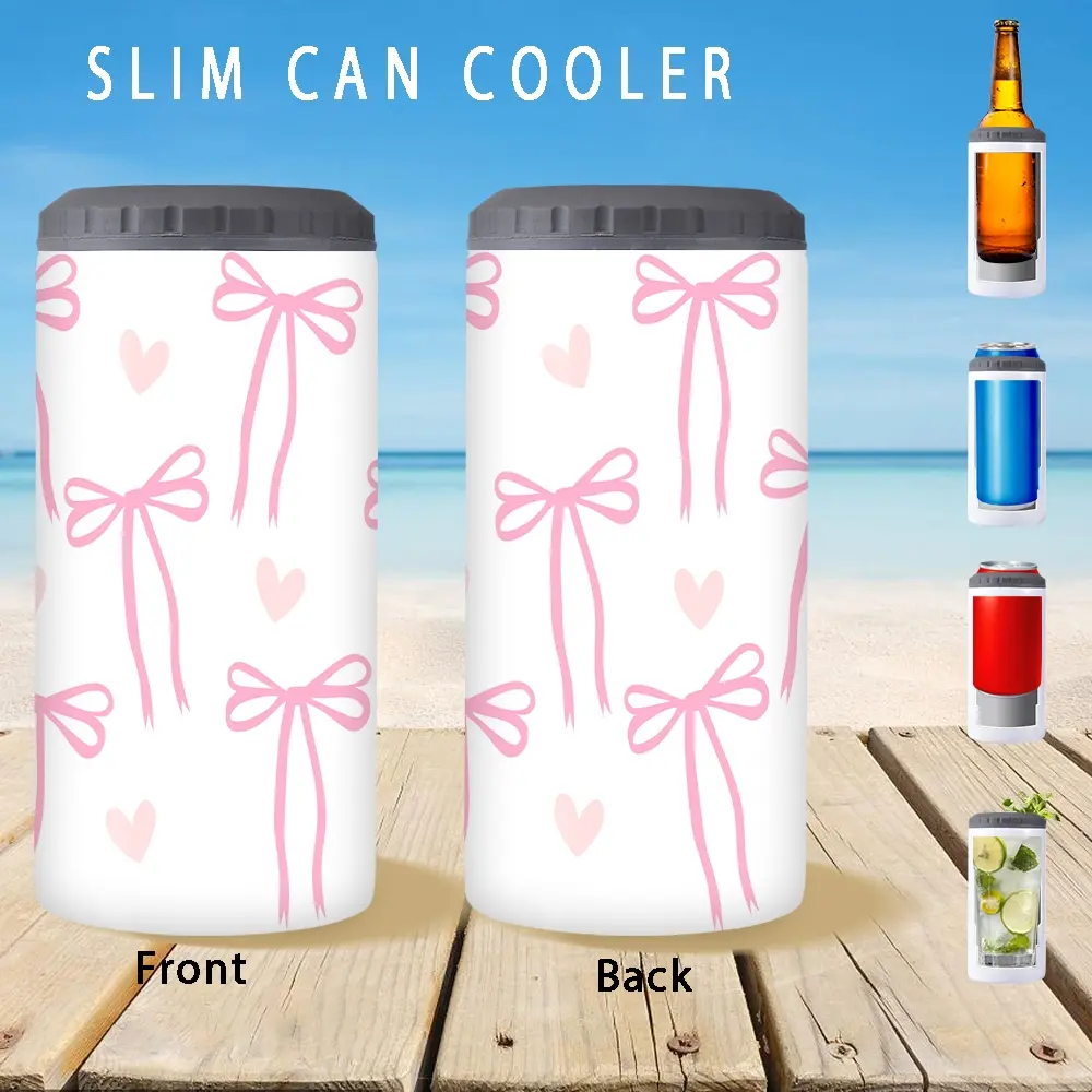 1pc/12oz/350ml,Slim Can Cooler,Insulators,Doucle-Walled Stainless Steel Insulated Slim Cans,2-in-1 Insulated Can Cooler Cup,Pink Bow Design Perfect For Birthday Celebrations And Holiday Parties,Christmas Gifts,Valentine's Day Gift Surprise