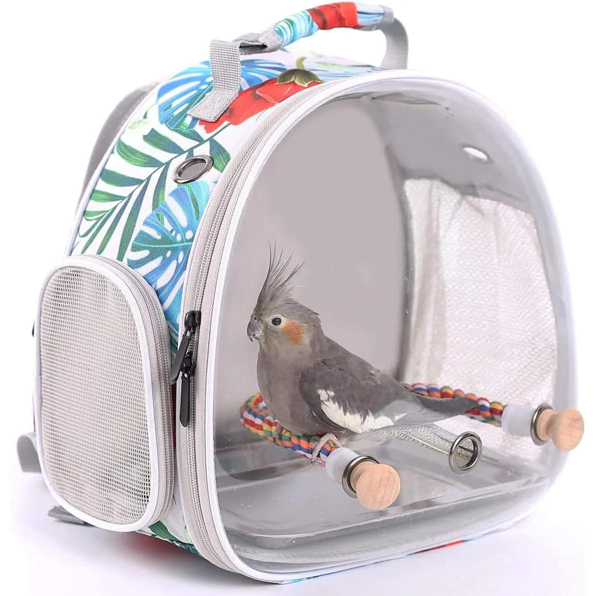 Portable Floral Multi-Colored Bird Travel Carrier Backpack, with Carry Handle, Bendable Rope Perch, Fits Small Birds & Bearded Dragons