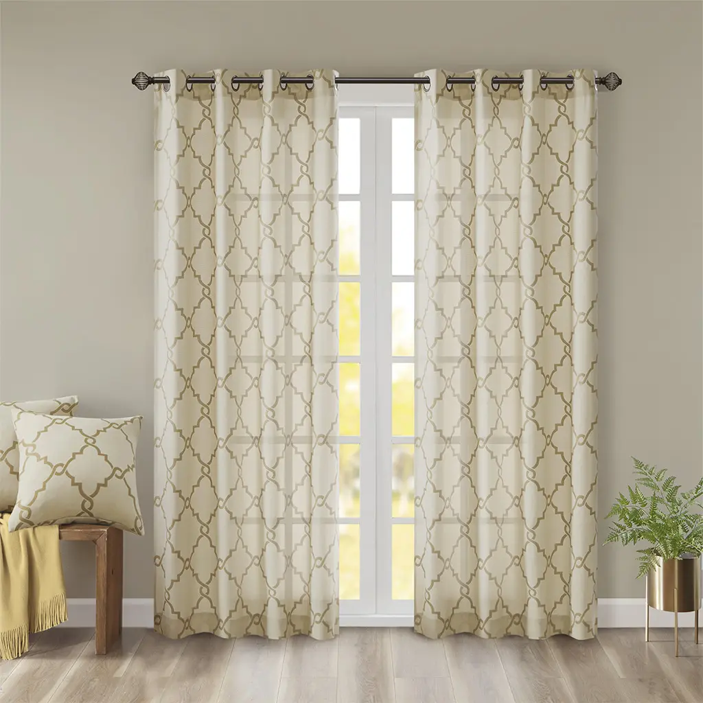 Nokaa Fretwork Print Grommet Top Window Curtain Panel - Single Panel Decorative Window Treatment for Living Room Bedroom Kitchen, Elegant Geometric Pattern Drape with Metal Grommets, Easy Hang Light Filtering Privacy Curtain, Beige+Gold, Polyester