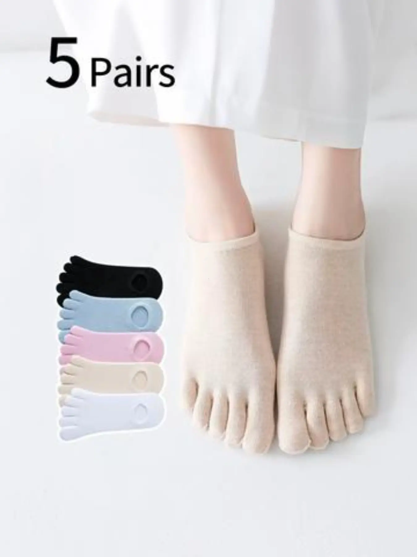 5 Pairs Women's Five Finger Socks, Summer Thin Invisible Crew Socks, Antibacterial Sweat-Wicking Breathable, Daily Casual Wear