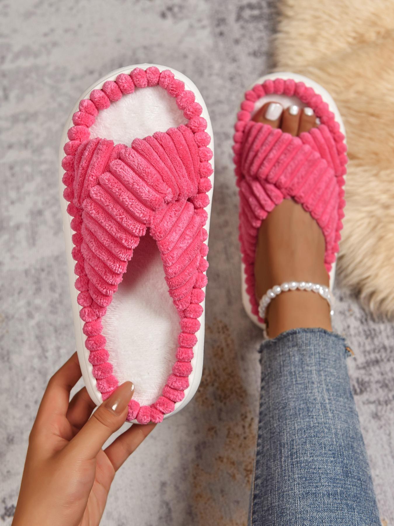 New Large Size 36-45 Casual Fashion Cross Strap Women's Comfortable Warm Thick Sole Slippers, Stylish Home Shoes for Fall & Winter, Cozy Bedroom Slippers