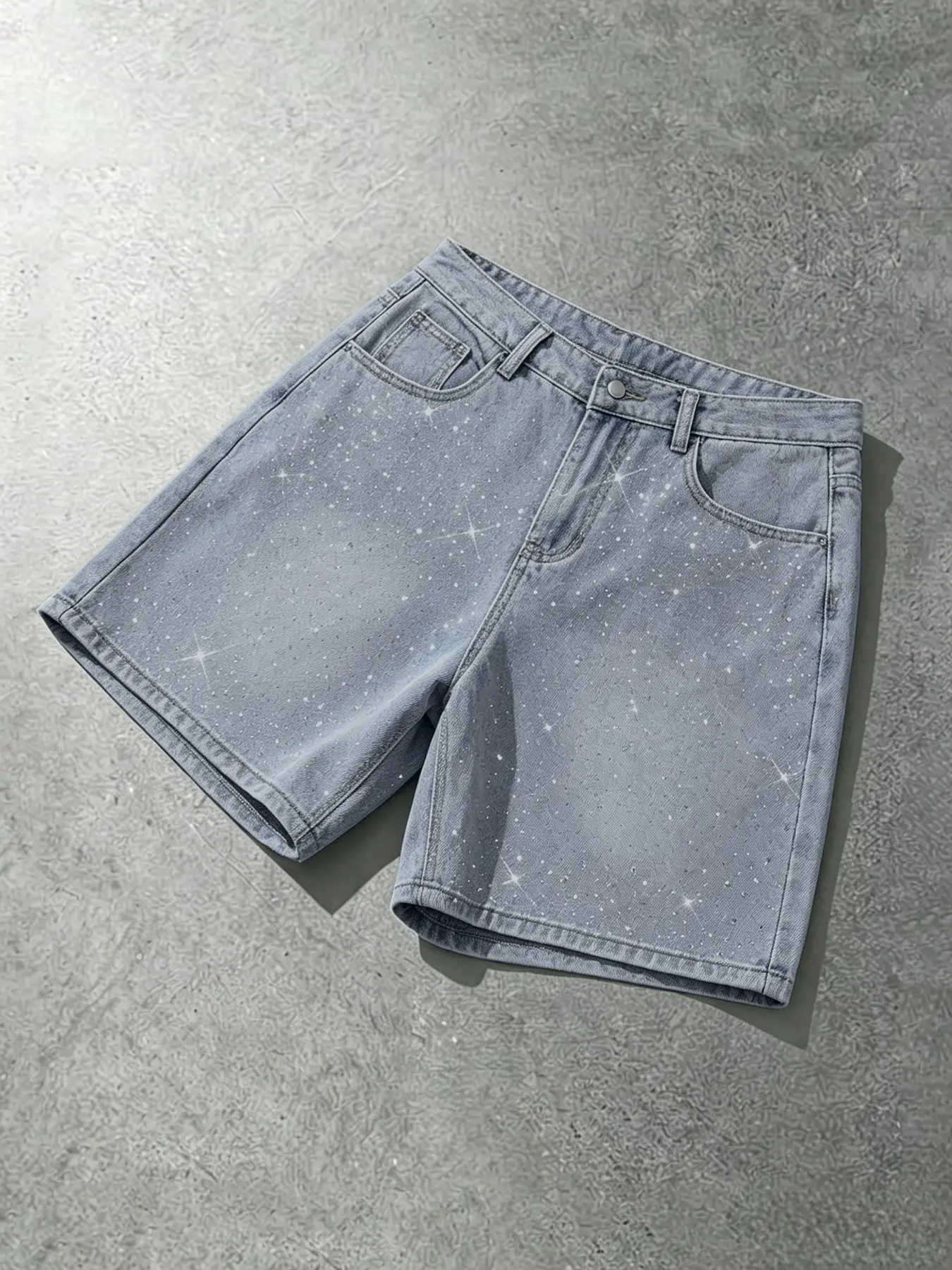 Men's Star Print Denim Shorts, Y2K Street Style, Casual Streetwear, Loose-Fit Straight Leg, Summer Fashion, Light Blue Washed, Sparkly Rhinestones