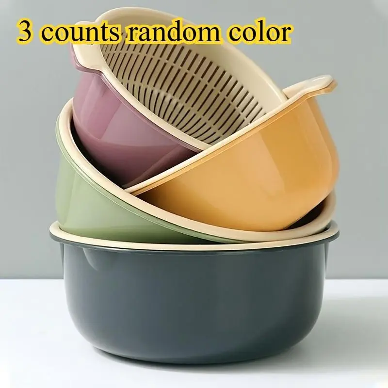 3-Piece Vegetable Washing Bowl Set, Plastic Dual-Layer Draining Basket, Rice Strainer, Kitchen Fruit Washer, Essential Cooking Tools
