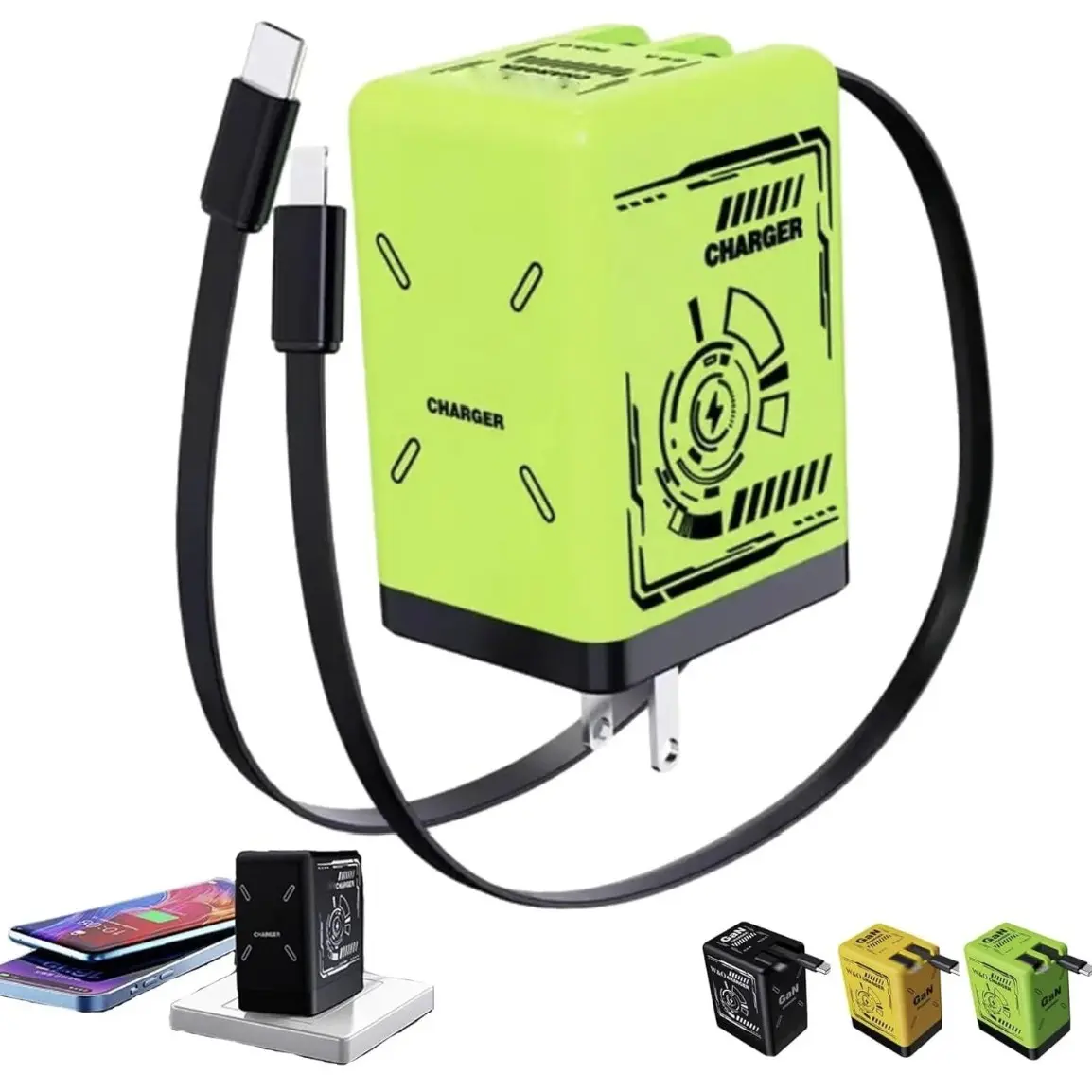 Portable GaN Fast Charger,Compatiblewith 120W GaN Fast Charging W/ Retractable2 Cable (USB-C & Lightning) - Fast Chargingfor iPhone, Samsung, Gaming, Travel &Office - Universal Compact Travel Charger