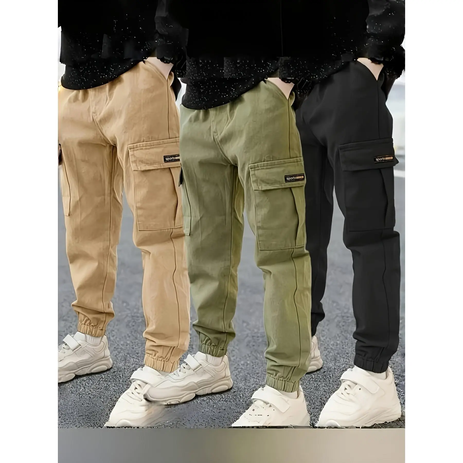 3pcs Set of Children's Cargo Pants, Boys' Tactical Long Pants, Casual All-Season Non-Stretch Solid Color with Pockets, Elastic Waist, Loose Fit for Kids - Spring/Autumn Collection, Suitable for Outdoor Wear, Perfect for Outdoor