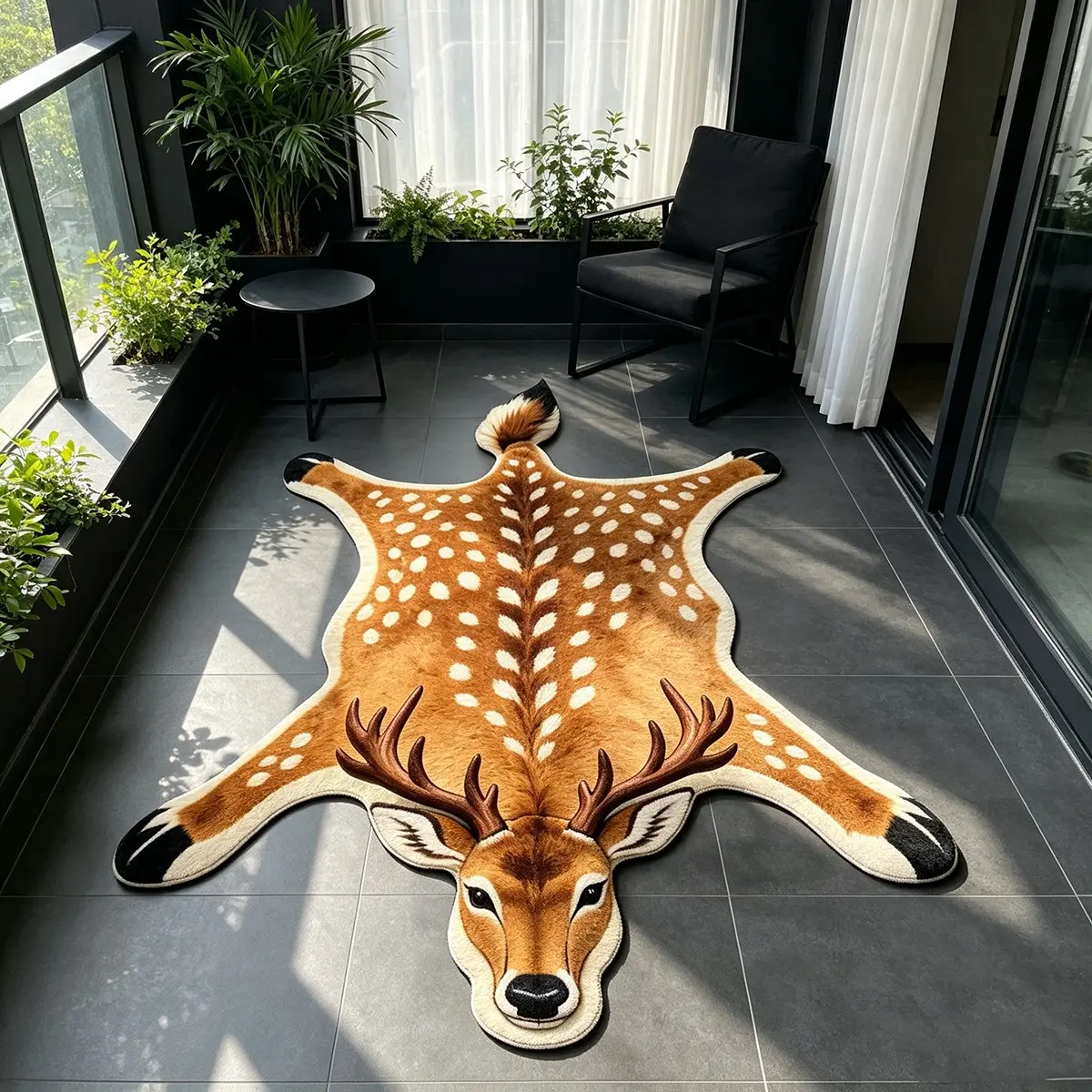 American Imitation Sika Deer Skin Irregular Shaped Rug, Vintage Deer Pattern Floor Mat, Stylish Animal Decor Rug, Wabi Sabi Mid-century Carpet for Entryway Bedroom Balcony Living Room