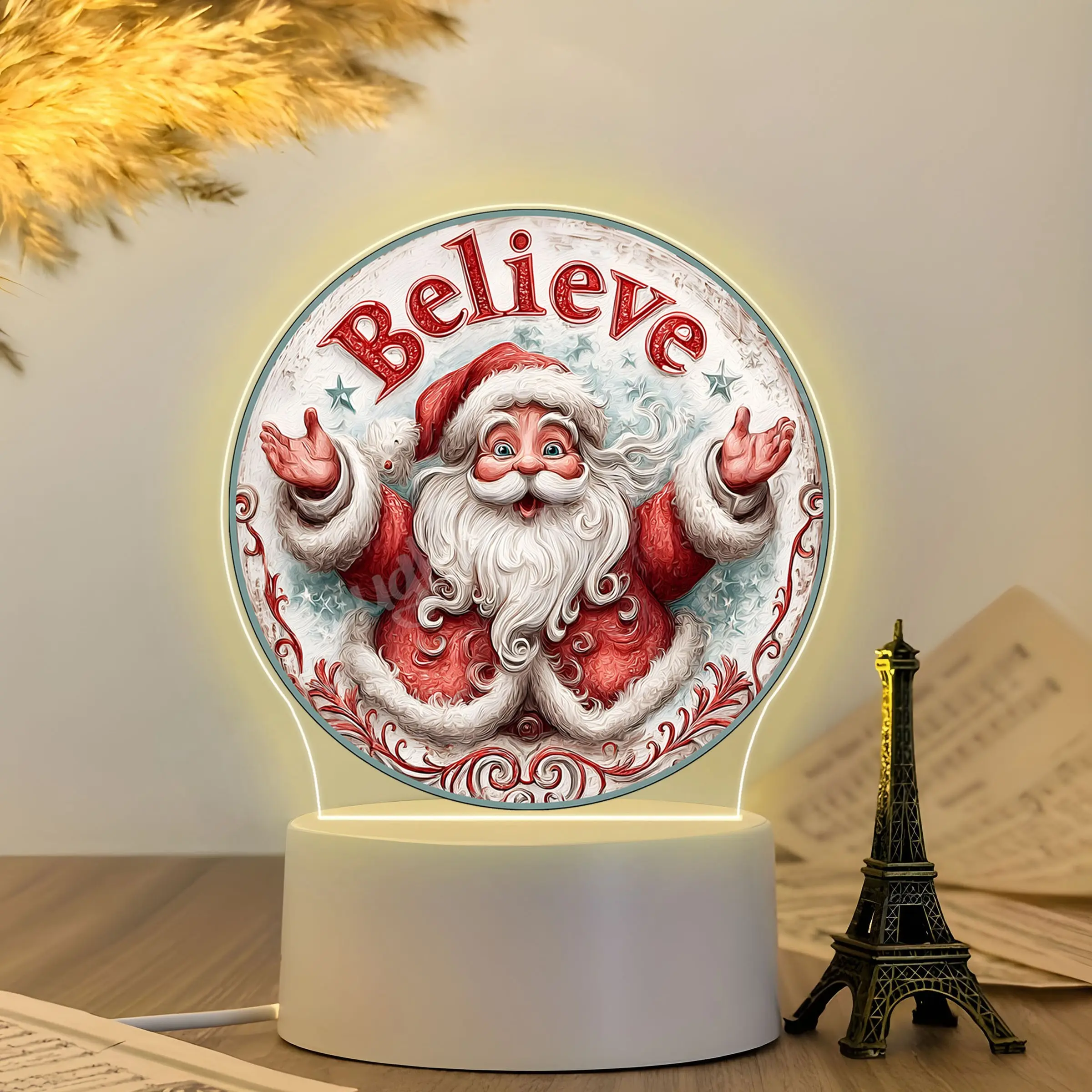 Acrylic Christmas Night Light, Retro Santa Design, Warm USB Base, Perfect for Bedroom Decor, Holiday Gift