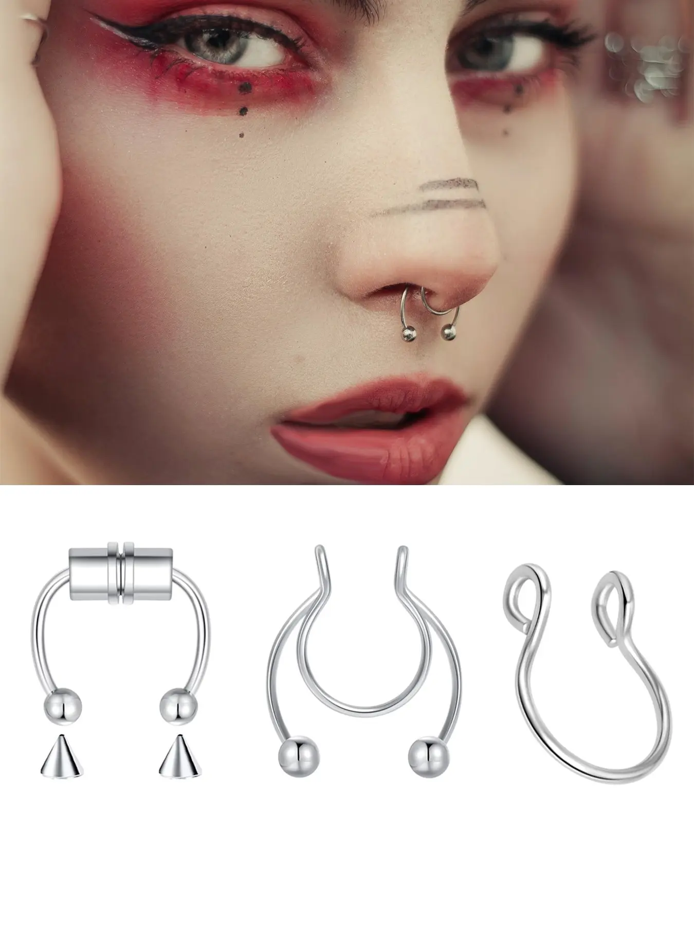 Stylish Stainless Steel Fake Nose Ring, Punk Geometric Design, Clip-On Septum Ring, Daily Wear, Trendy Body Piercing Jewelry