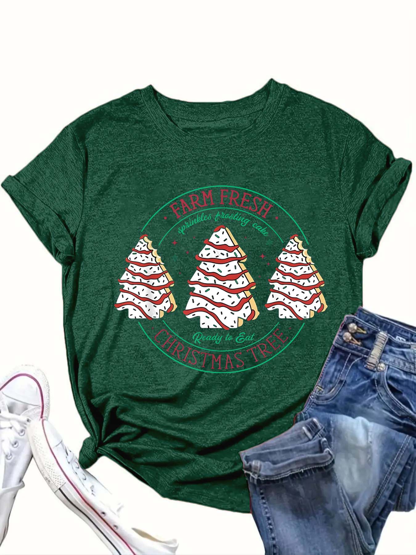 【Plus Size】 Cartoon Christmas Tree & Letter Print Round Neck Tee, Casual Short Sleeve Crew Neck T-Shirt for Summer, Women's Christmas and New Year Clothing for Daily Wear