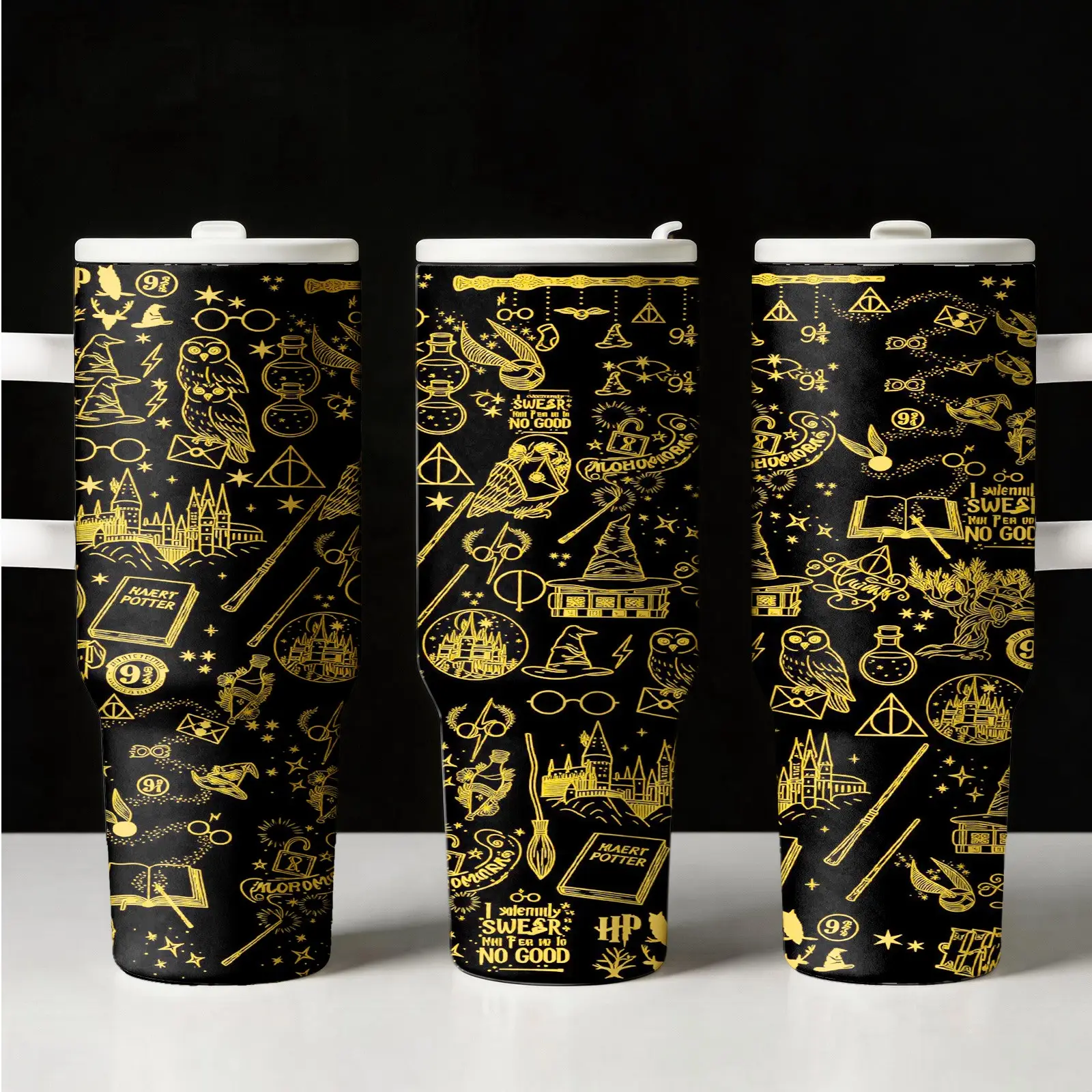 1PC 40oz Black Gold Wizard Magic Pattern Insulated Tumbler with Handle & Lid, Double Wall Vacuum Leak-Proof Travel Mug, Hot 12H Cold 24H, Large Water Bottle for Men Women, Halloween Christmas Gift