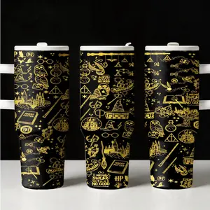 1PC 40oz Black Gold Wizard Magic Pattern Insulated Tumbler with Handle & Lid, Double Wall Vacuum Leak-Proof Travel Mug, Hot 12H Cold 24H, Large Water Bottle for Men Women, Halloween Christmas Gift