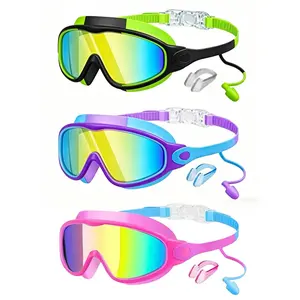 3-Pack Kids Swimming Goggles, Anti-Fog UV Protection, Large Frame Wide Vision, Adjustable Comfort Fit, Ages 3-15, Outdoor Sports