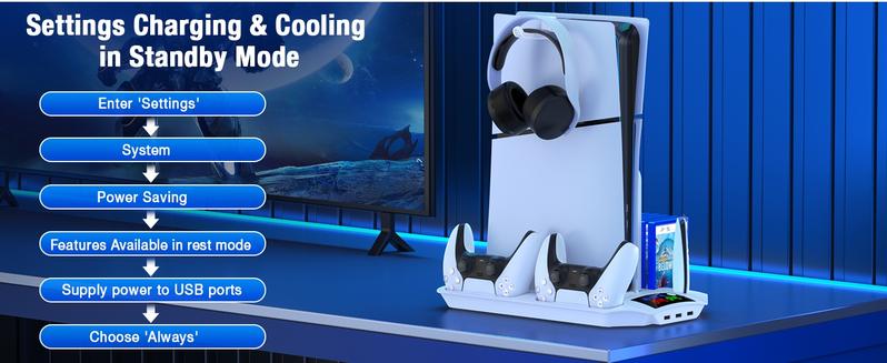 ESYWEN PS5 Pro/Slim Stand & Cooling Station with Controller Charging for PlayStation 5 Disc Digital Console, 3 Levels Fan, 13 Game Slots, 3 USB Hub, Headset Holder, Wearable