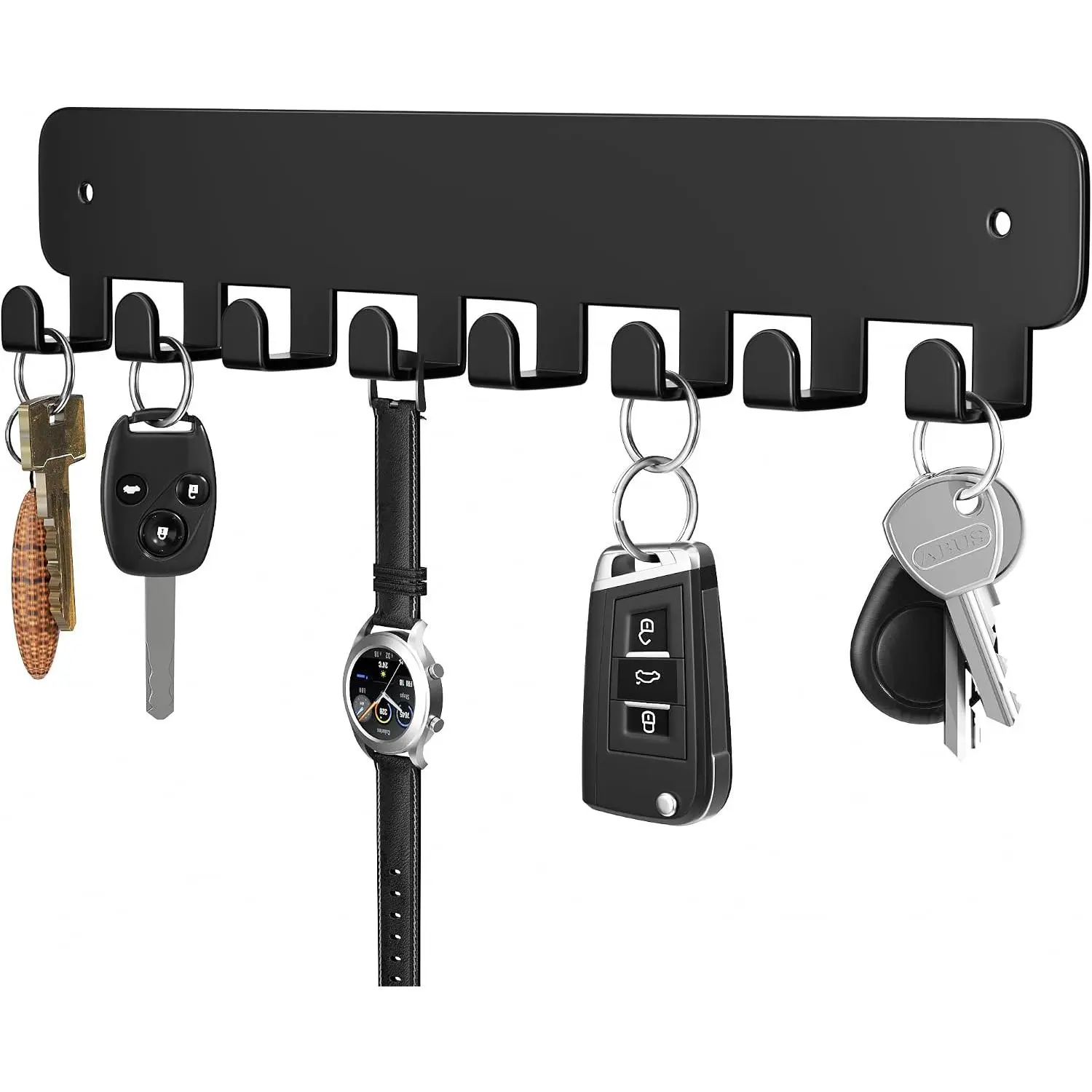 Key Holder Wall Mount, Adhesive Key Rack with 8 Hooks Hanger for  Key Ring, Metal Key Chain Organizer, Black 1 Pack