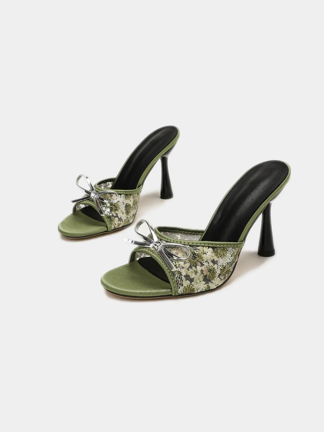 Women's Floral Sequin Mesh Slide Mules, Open Toe Flared Stiletto Heel Mules, 3.75 Inch (9.5cm) High Heel, Metal Bow Knot Elegant Y2K Heeled Sandals for Summer Party Beach Vacation, Embellished Sandals, Elegant Fashionable Sandals, EU Size 37-43