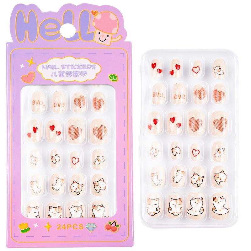 24Pcs/Box Children False Nails Kids Cartoon Girl Press on Nail Short Artificial Fake Nail Safe Full Cover Acrylic Nail Tips Kits