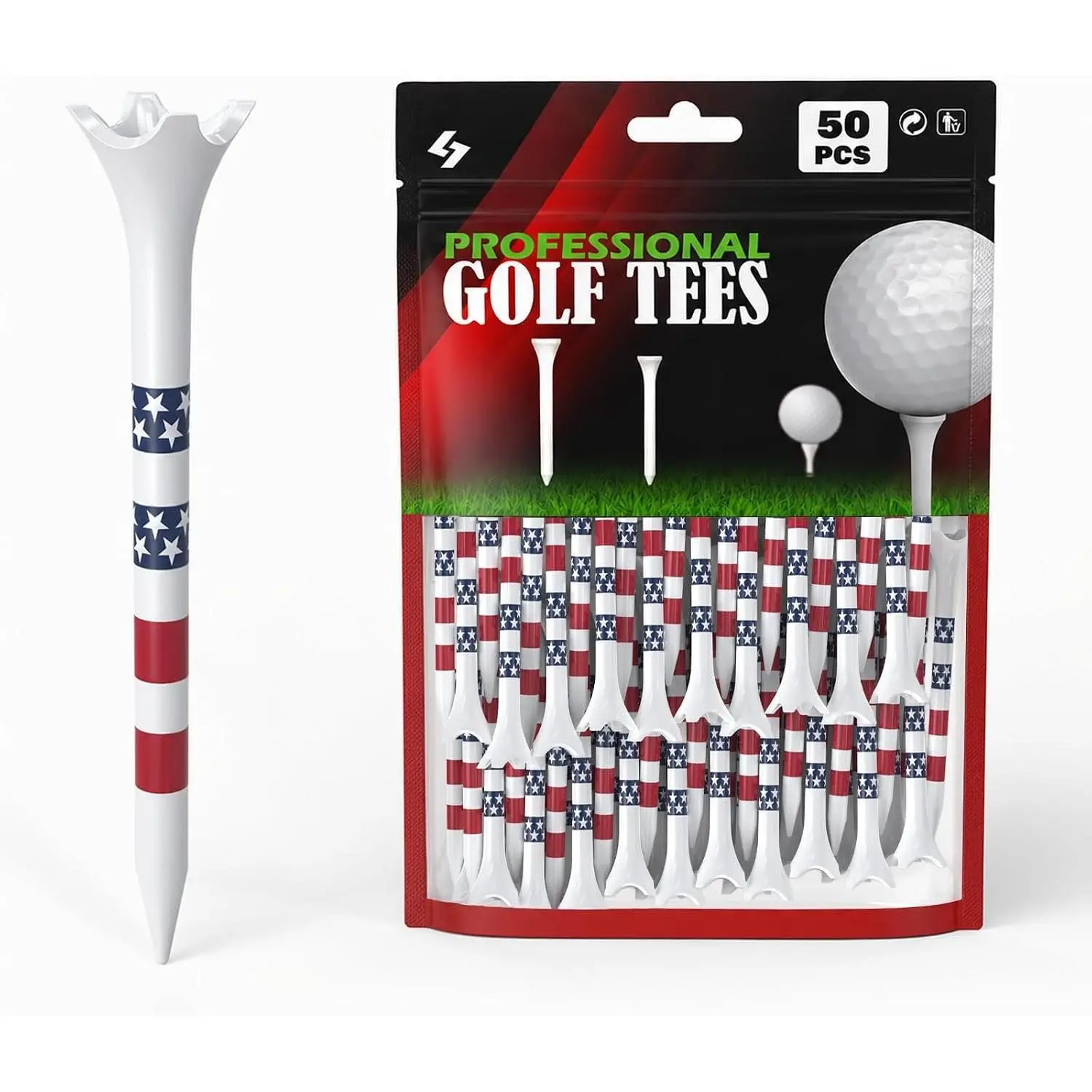 Thick 100 or 50 Pack Plastic Golf Tees with Stars & Stripes Height Marking System, Durable 4-Prong Tees Designed to  Friction and Side Spin, for Driving, Practice & Golf Gifts