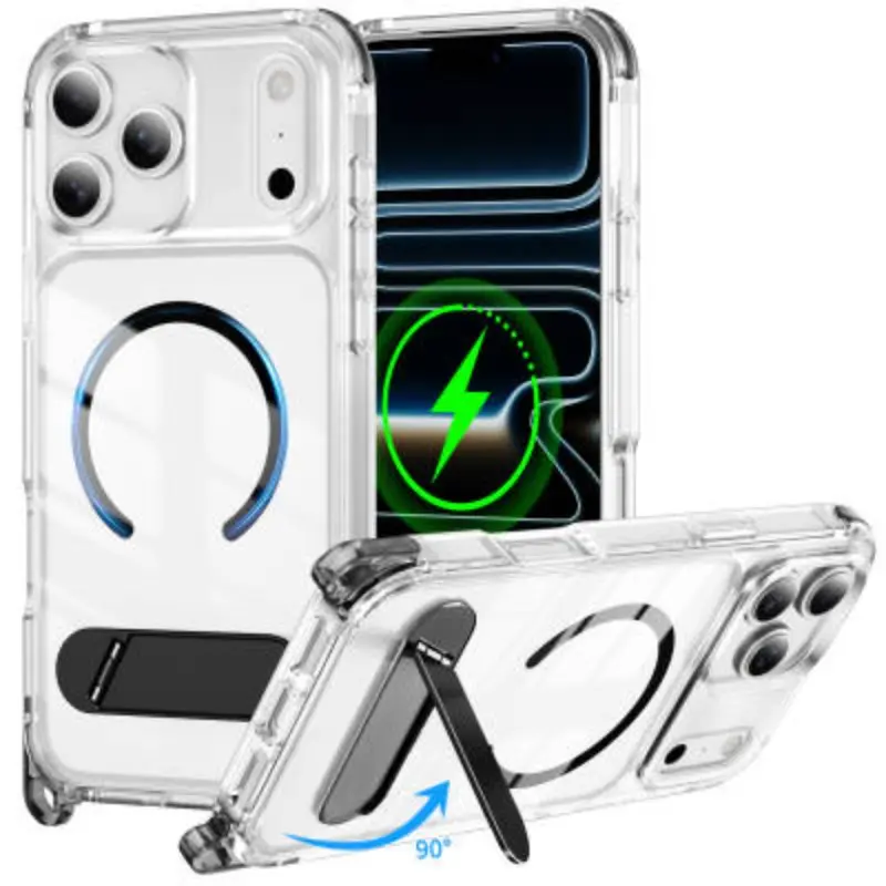 Iphone17 Pro Max Transparent Magnetic Stand Case, Color Block Edges, Magsafe Wireless Charging, Hidden Metal Ring, Shockproof, Six Colors Available