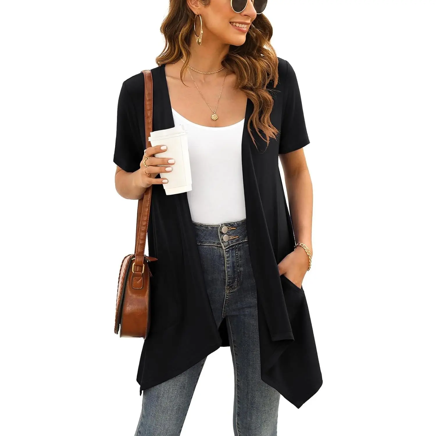 Short Sleeve Cardigans for Women Casual Drape Open Front Lightweight Summer Cardigan with Pocket High Low Hem