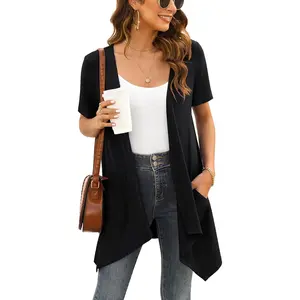 Short Sleeve Cardigans for Women Casual Drape Open Front Lightweight Summer Cardigan with Pocket High Low Hem