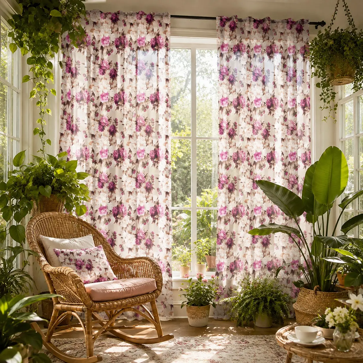 2 pieces of high-definition pink floral printed curtains, Curtain for windows, offering semi-transparent privacy protection, fade-resistant, hand/machine washable, suitable for bedroom and living room home decoration
