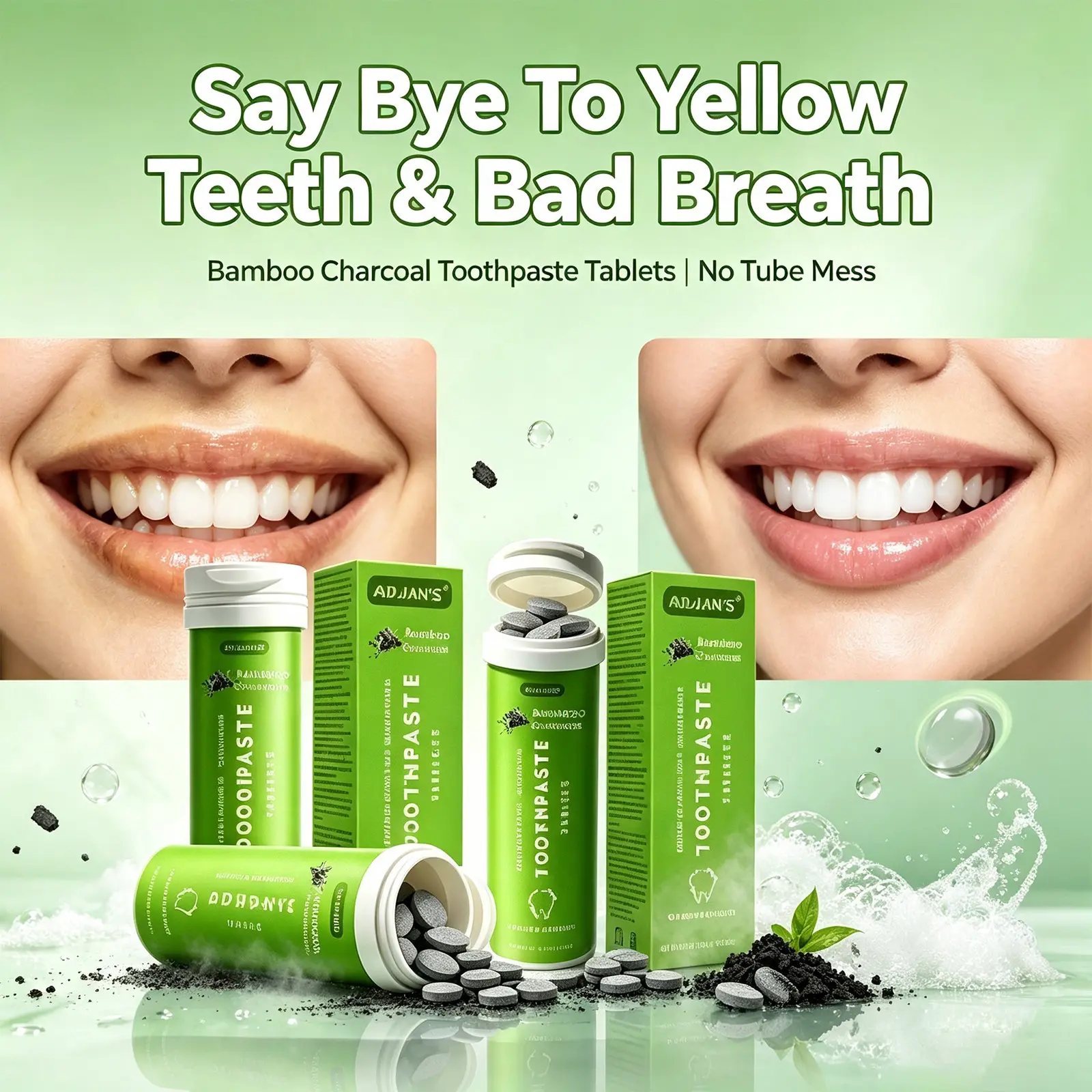 2 pcs/30g*2 Natural Bamboo Charcoal Teeth Whitening Toothpaste Tablets, containing hydroxyapatite, probiotics, and xylitol. Helps remove yellow stains and dirt, cleans teeth, and provides deep cleaning to make your teeth whiter and your smile brighter.