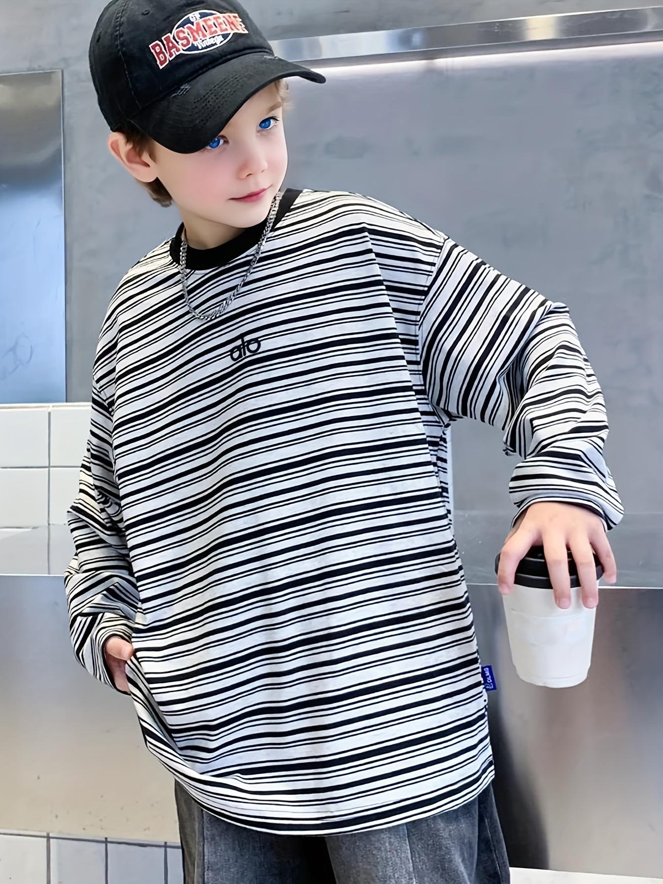 Boys' Oversized White & Black Striped Sweater Jacket - Long Sleeve Round Neck H-Line Tunic, Soft -like Stretch Fabric (No) for Spring/Fall Layering, Casual & Casual Attire - Easy-Care ' Sweater