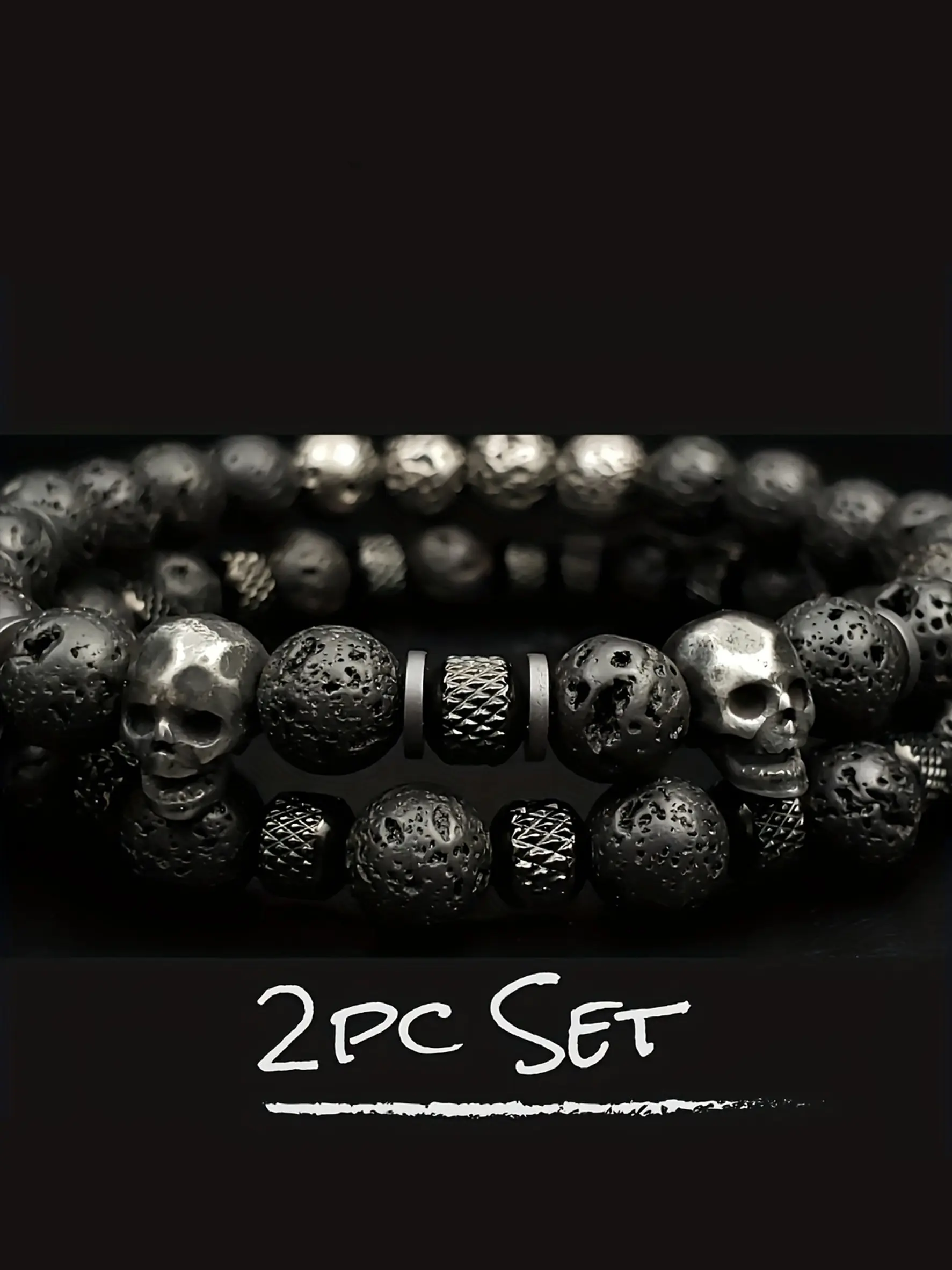 2pcs/set Men's Elastic Wristbands, 304 Stainless Steel, Vintage Polygon Skull Design, Dark Style Beaded Bracelets, Fashion Jewelry, Bracelets Stack