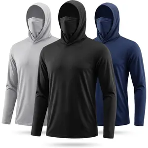 3 Pack Men's Fishing Hoodie with Face Cover - Quick Dry Long Sleeve Performance Tee for Outdoor Sports & Yard Work