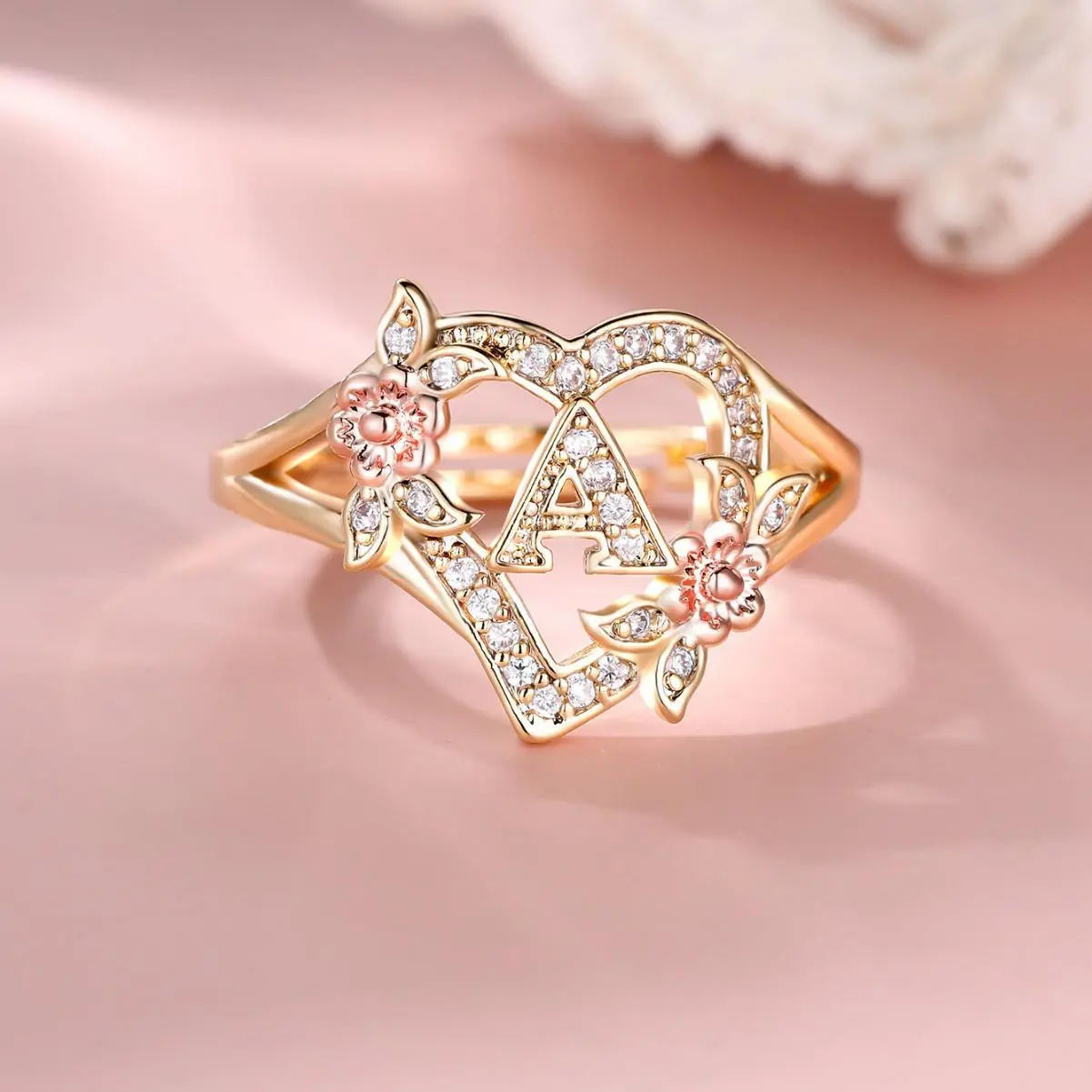 European and American Fashion Light Luxury Simple Gold White Diamond Rose Gold Flower 26 Letter Open Ring