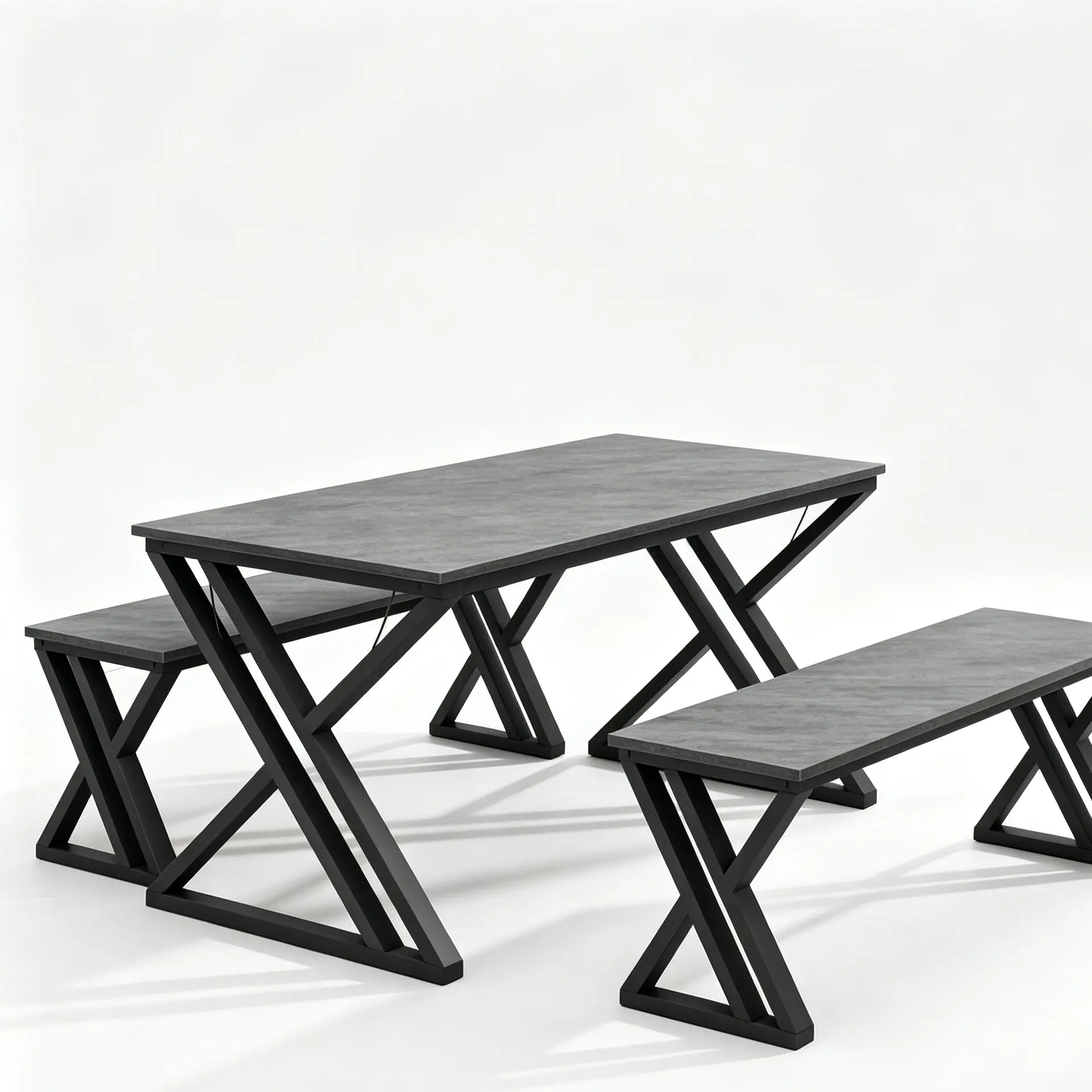Kitchen Room Table Set with Benches, 44.8" Dining Table Set for 4, Metal Kitchen Table Set with X Metal Frame, Ideal for Kitchen, Apartment, Studio