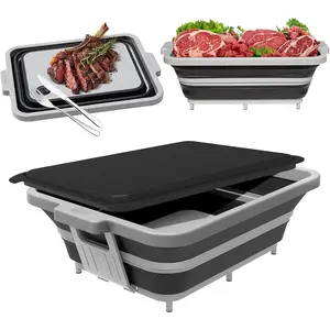 Upgraded foldable barbecue prep bucket, with lid and foldable handle stand - four-in-one function for food preparation, marinating, food storage, cutting board, and beverage cooler - perfect for camping and picnics