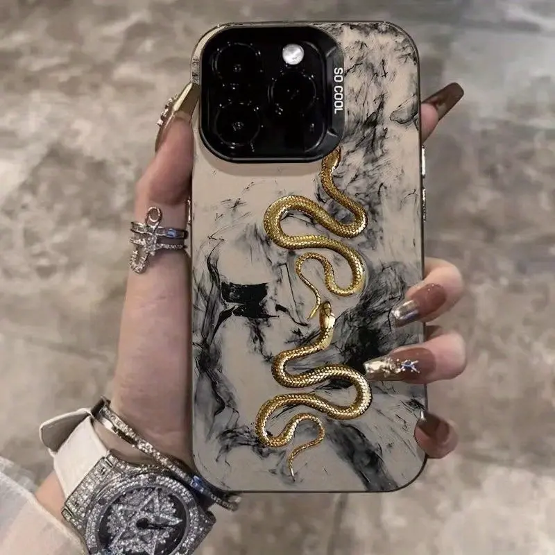 Creative Gold Snake Pattern Phone Case, TPU Smartphone Casing, Camera Protection, Shockproof, Silver Color, Non-Slip, Imd Printing, for iPhone Series