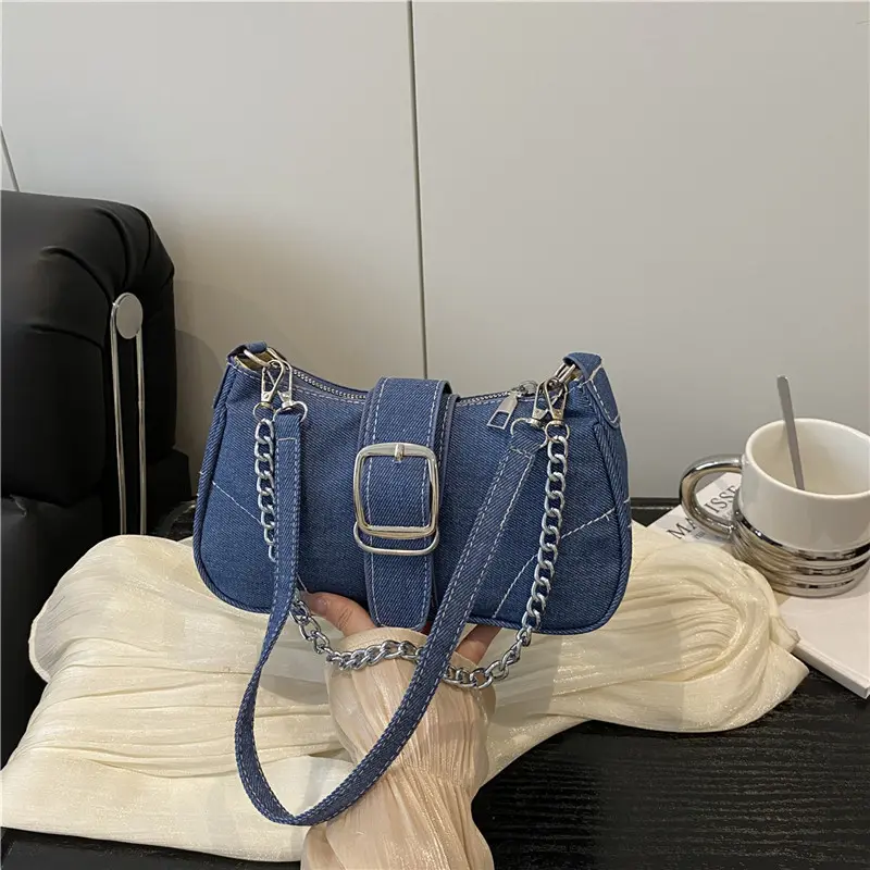 Women's Vintage Denim Baguette Underarm Bag, Retro Jean Fabric Shoulder Purse with Contrast Stitching, Silver Metal Chain & Adjustable Buckle Wide Strap, Trendy Y2K Casual Crossbody Hobo Handbag, All-Match Daily Streetwear Purse for Shopping & Outdoor Out
