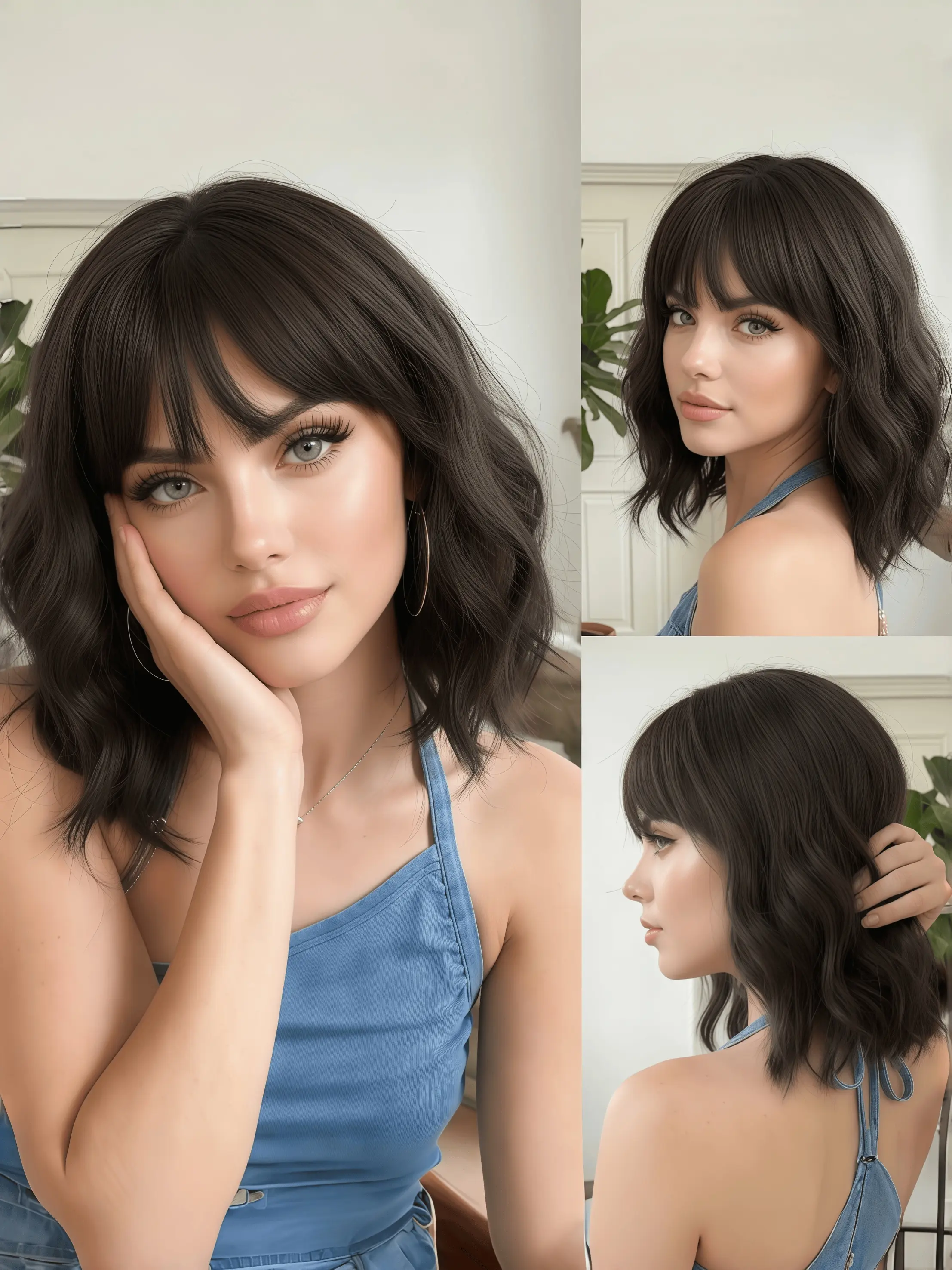 Short Black Wavy Wig with Air Bangs for Women, 12-Inch Natural Shoulder Length Synthetic Heat Resistant Wavy Bob Wig, Realistic Daily Fashion Hair Replacement Wigs for Party & Cosplay (Jet Black)