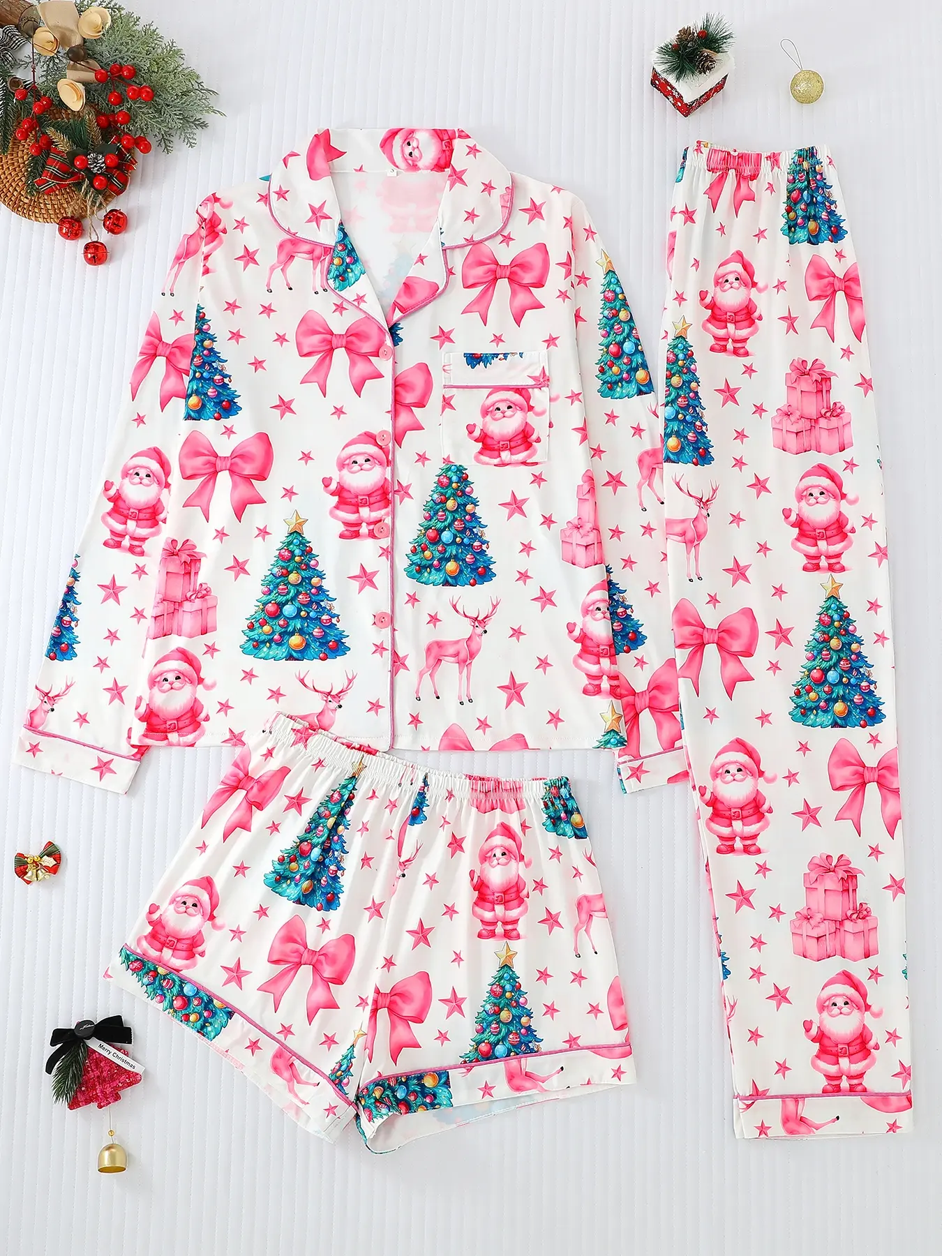 Women's Christmas Pajama Set, Long Sleeve Top & Bottoms, Fitted Design, Moderate Fabric, Casual Style, All-Season Wear