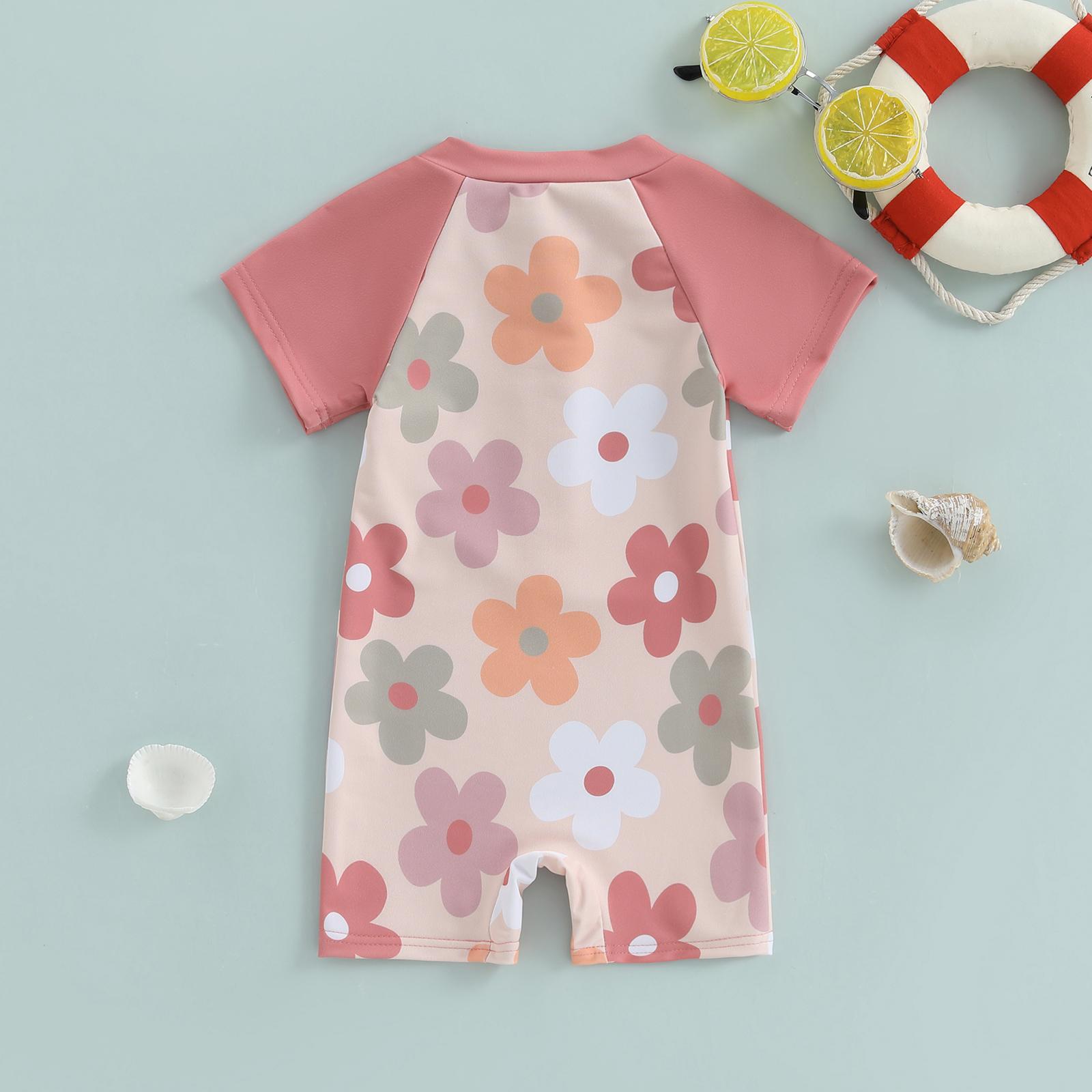Toddler Girls Rash Guard Swimsuit Flower Starfish Shell Pattern Zip Up Short Sleeve Crew Neck Baby Girls Swimwear