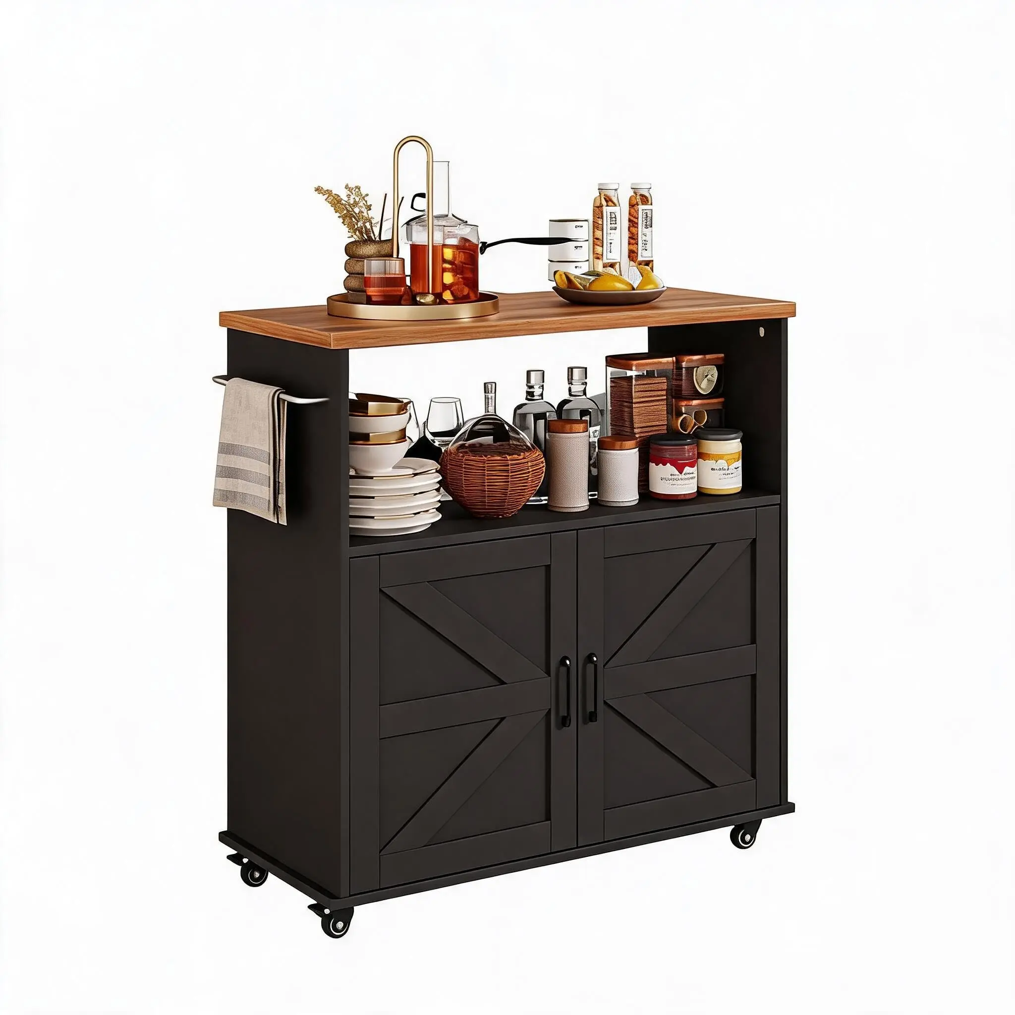 Spacious Storage & Mobility – Kitchen Island Cart with Cabinet, 40.4'' Wood Top, Towel & Spice Rack, Lockable Casters – Portable Dining Room Storage Solution, Black