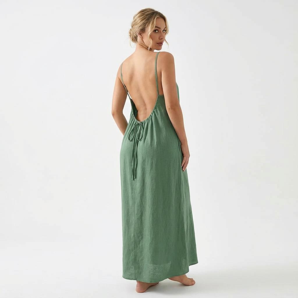 Women's Solid Color Backless Cami Dress Sleeveless Casual Summer Beach Holiday Dress Ladies Summer Clothes