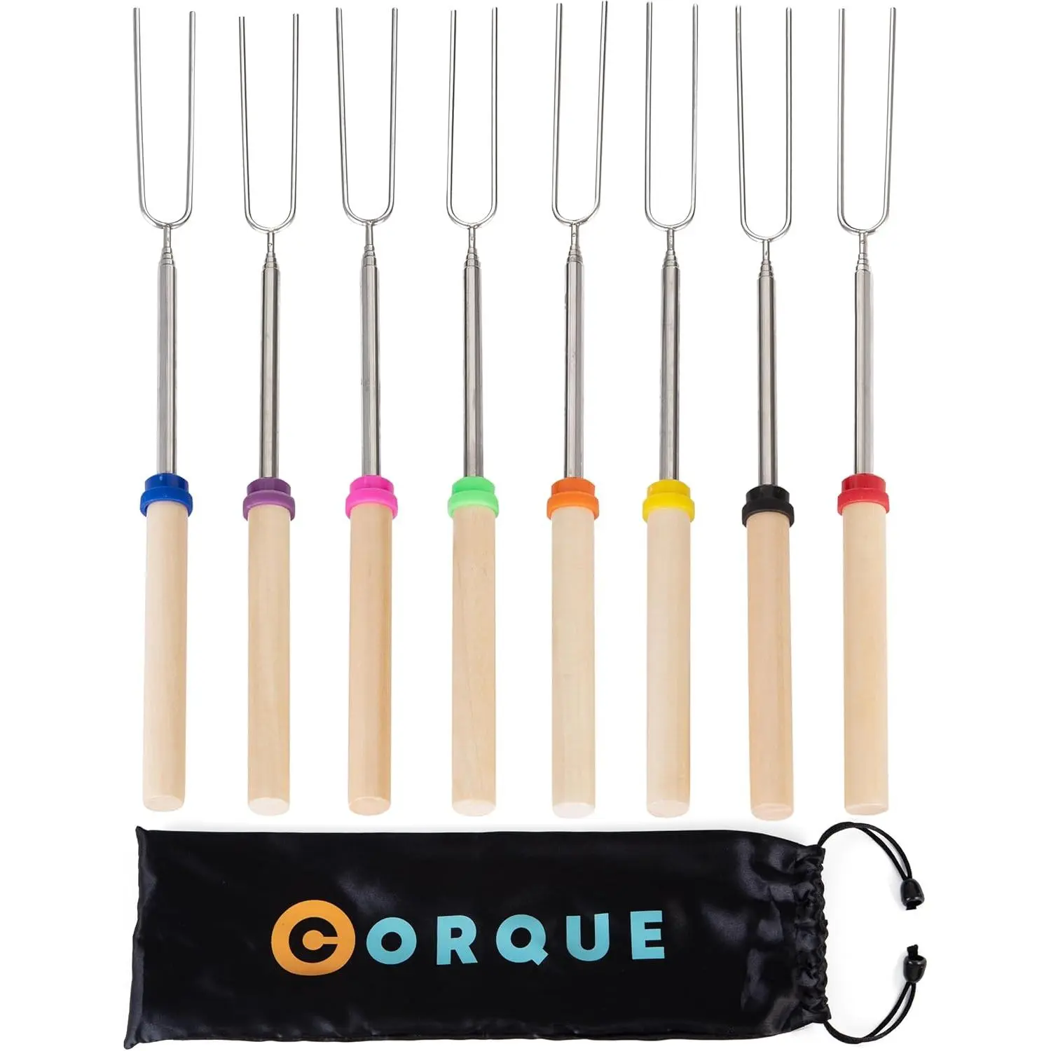 Summer Camping CORQUE Marshmallow Roasting Sticks, Smores Sticks, Extendable, Camping Skewer for Fire Pit, Wooden Handle, 32inch Metal for BBQ Hotdog, Cooking, Campfires, Bonfires, Set of 8