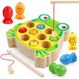 Magnetic Wooden Fishing Game Toys for Toddlers,Wooden Frog Magnets Fishing Learning Color Sorting Puzzle Montessori Preschool Educational Fine Motor Skills for 3 4 5 Years Old Boys Girlsfidget toys