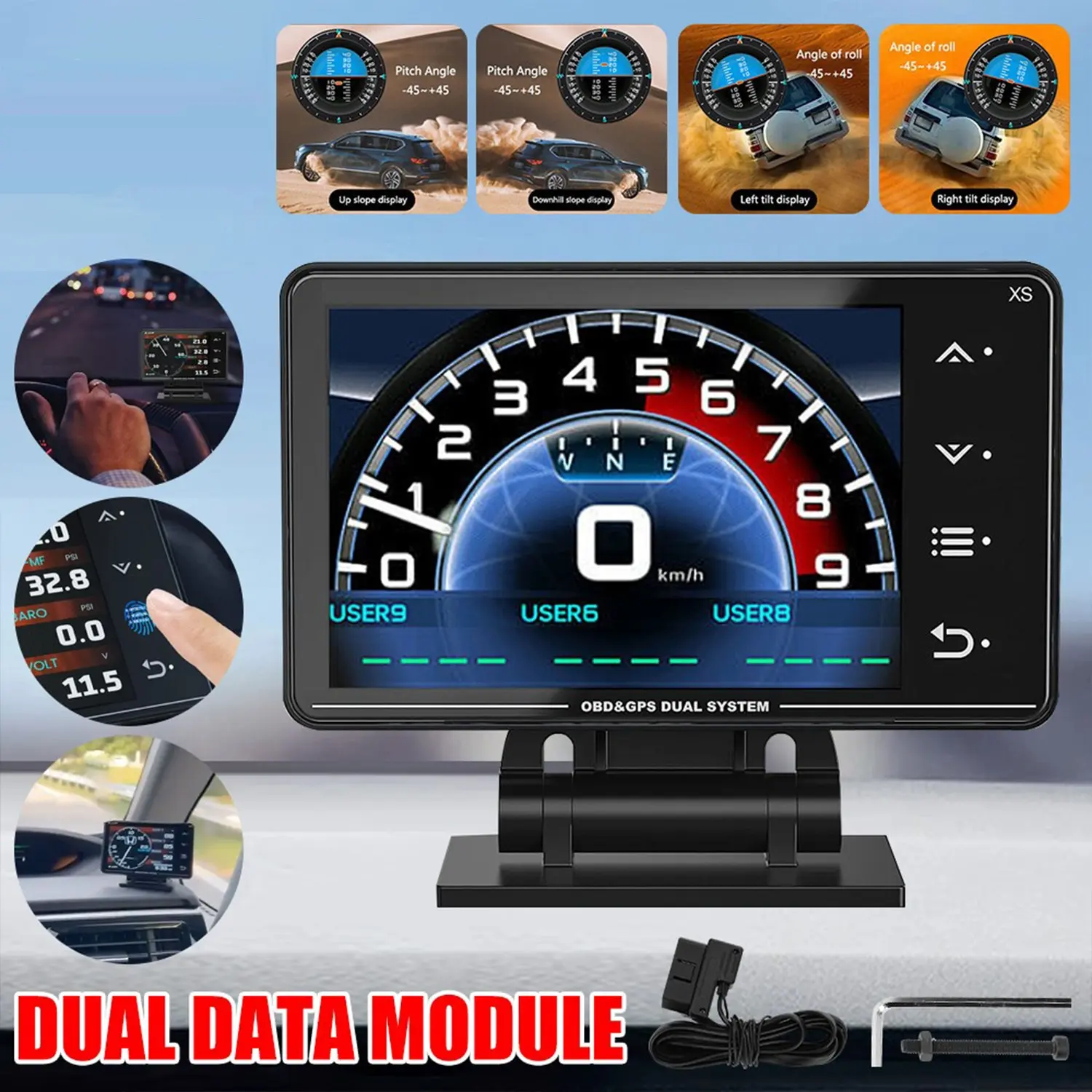 XS LCD Head-Up Display, GPS+obd2 Scanner, Car Diagnostic Tool, Hud Monitor, Obd2 Dashboard, Inclinometer, Pulse Oximeter, Tachometer, Multi-Function, Car Gadgets
