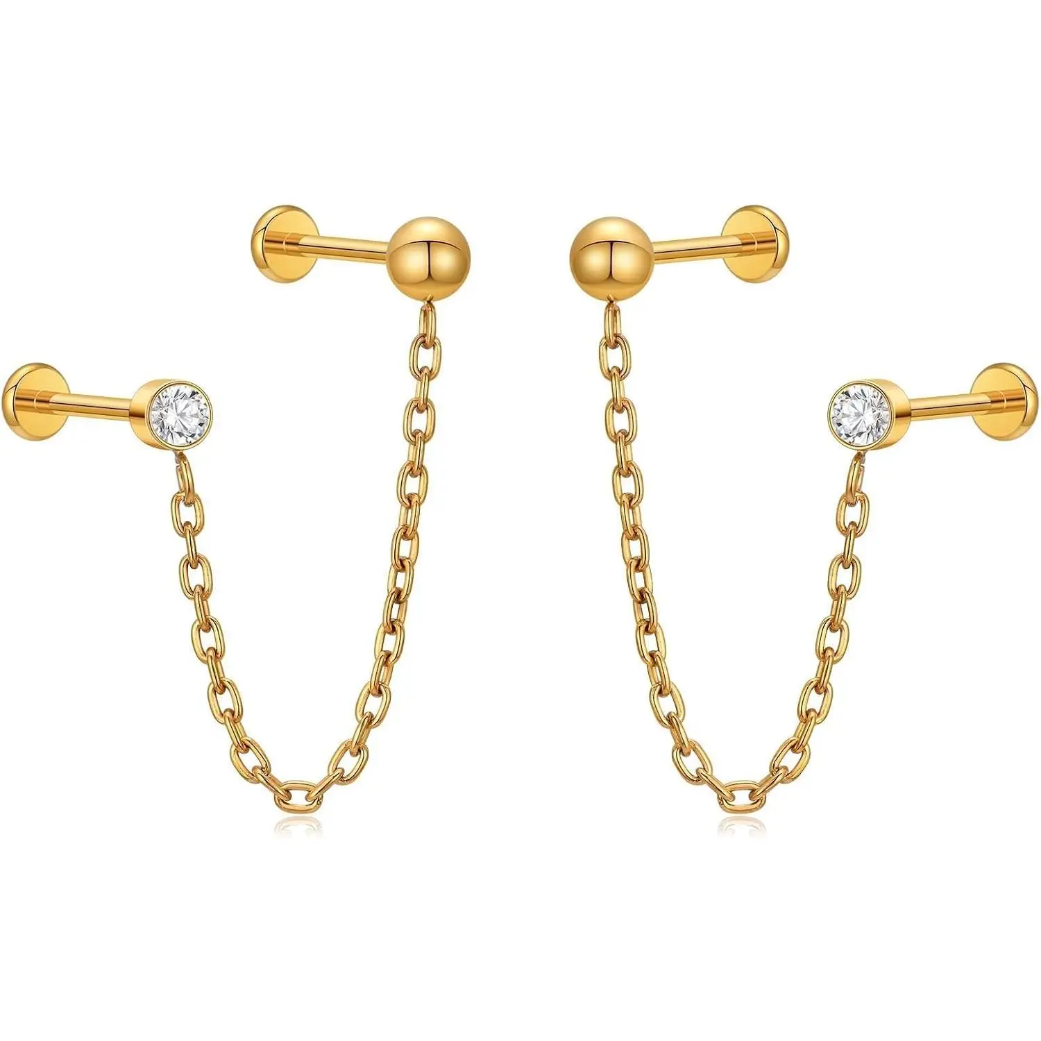 1 Pair ASTM F136 Titanium Double  Dangle Earrings, Cubic Zirconia Dainty Chain Earrings for Helix Conch Earlobe