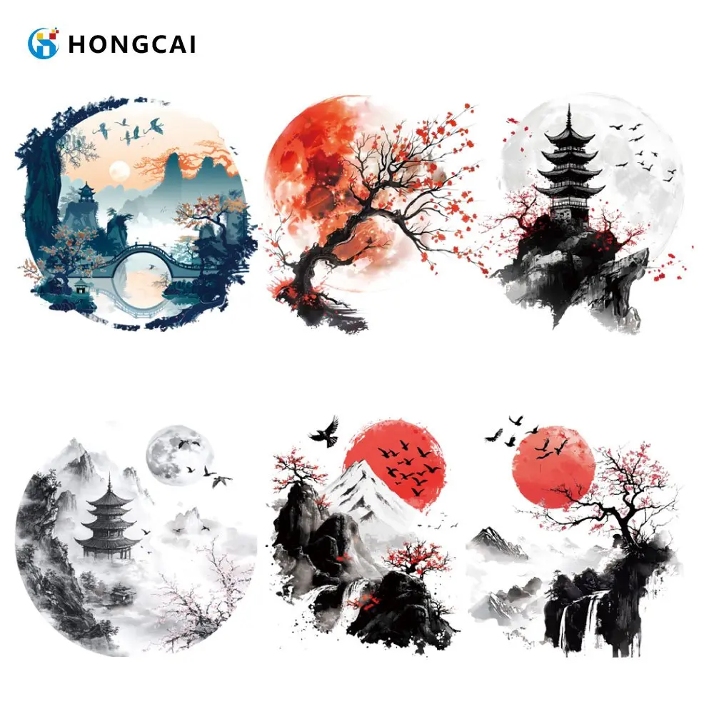 6Pcs Traditional Chinese Ink Wash Iron-On Transfers, oriental mountain & waterfall patterns. Ideal for DIY decorating T-shirts, hoodies, jeans, jackets, bags and backpacks.