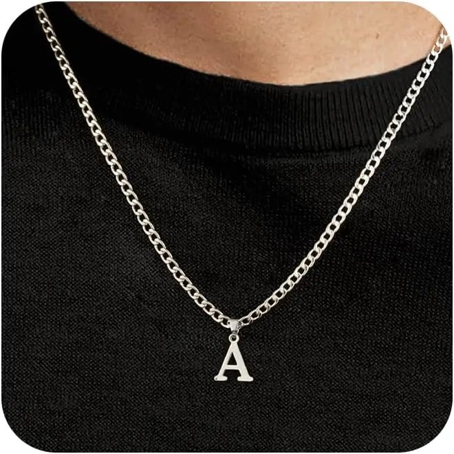 Initial A-Z Letter Pendant Necklace for Men Silver Plated Capital Initial Necklace Cuban Link Chain 4mm 20 Inch Jewelry Gift
