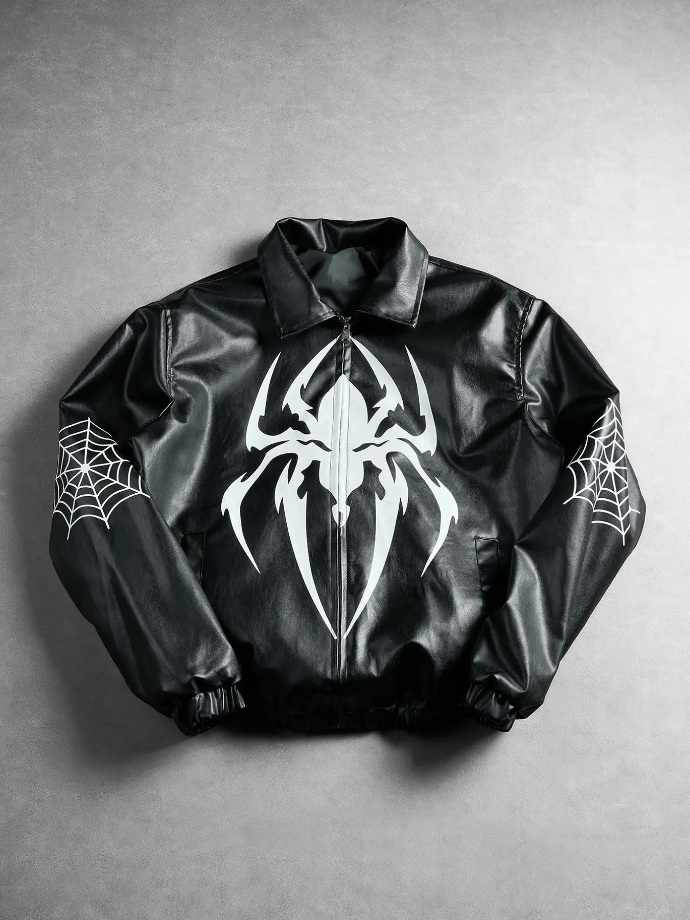 Men's Fake Leather Lapel Zipper Jacket, Dark Spider Print Long Sleeve Coat, Trendy Streetwear Loose Motorcycle Parka, Casual Streetwear Outerwear