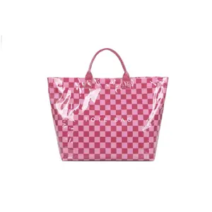 Fashion Letter Design Tote Bag Large Capacity Striped Color Block Clear PVC Handbag Simple Retro Style Work Bag Ideal for Work Study Shopping & Gift for Friends