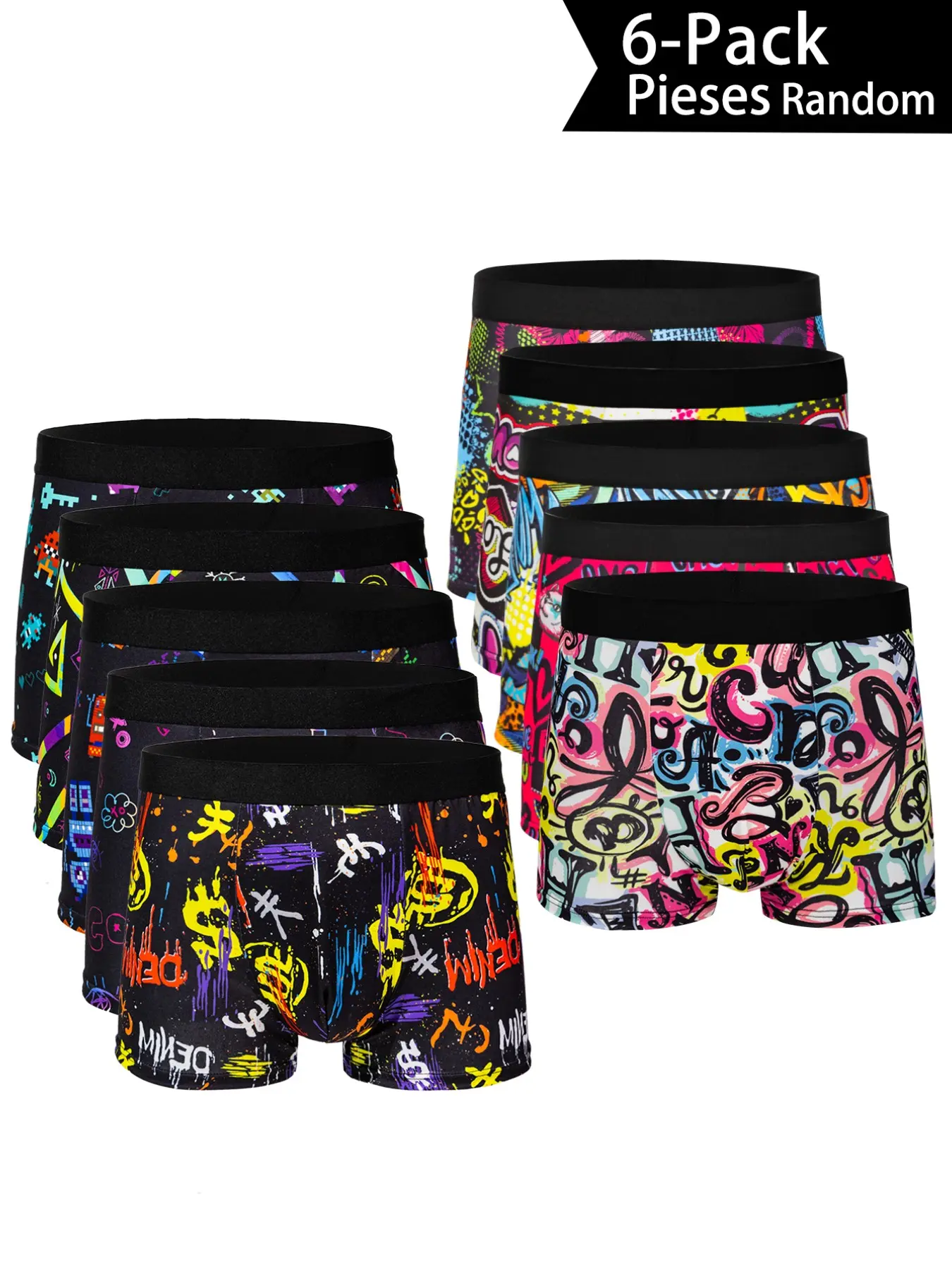 6-Pack Colorful Street Graffiti Men's Boxer Briefs, Geometric Letter Print, Soft Skin-Friendly, Casual Daily Wear, Youth Fashion